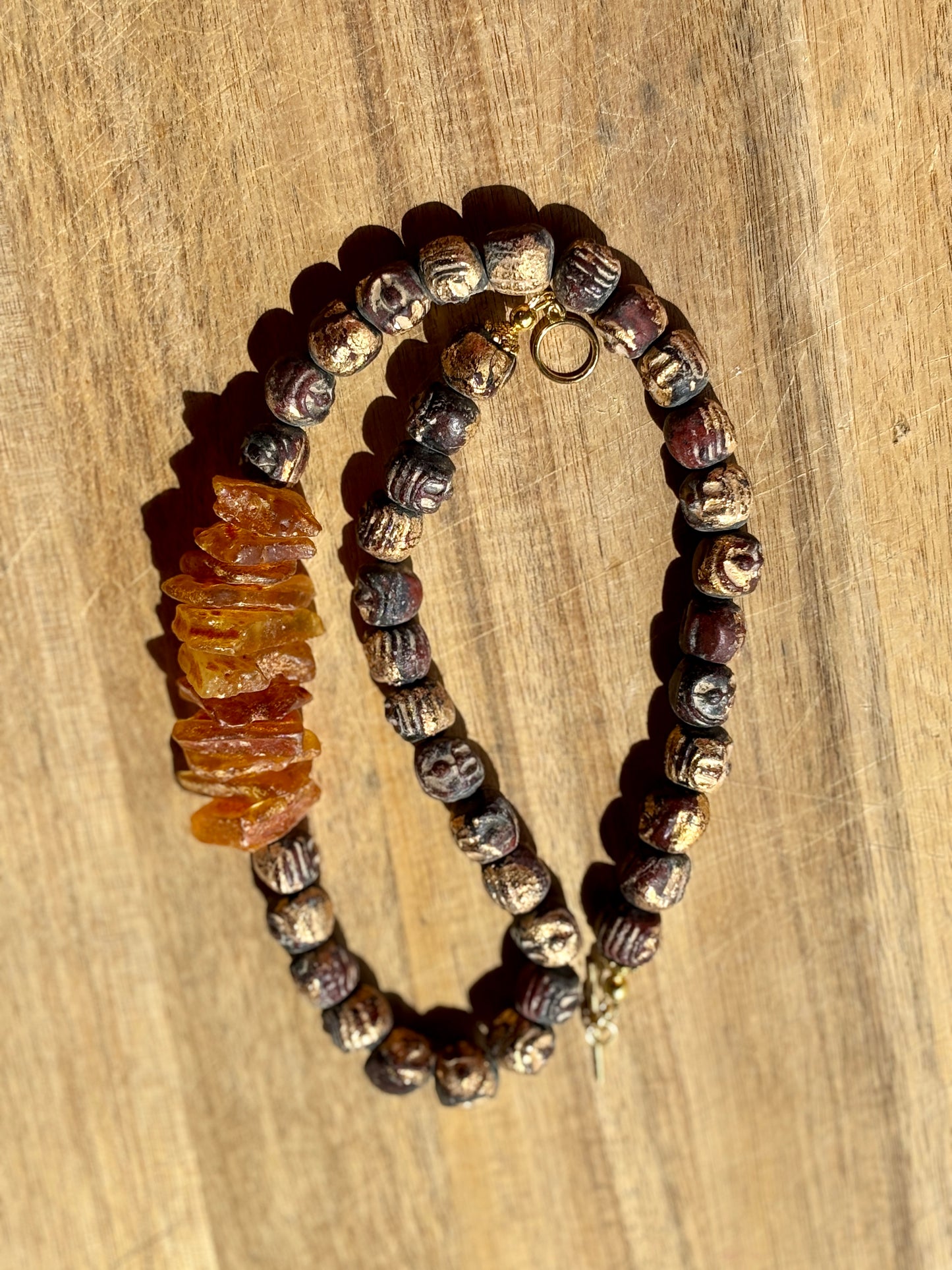 Ethnic Vibe Necklace with Authentic Amber Nuggets and Handmade Clay with Gold Foil Beads