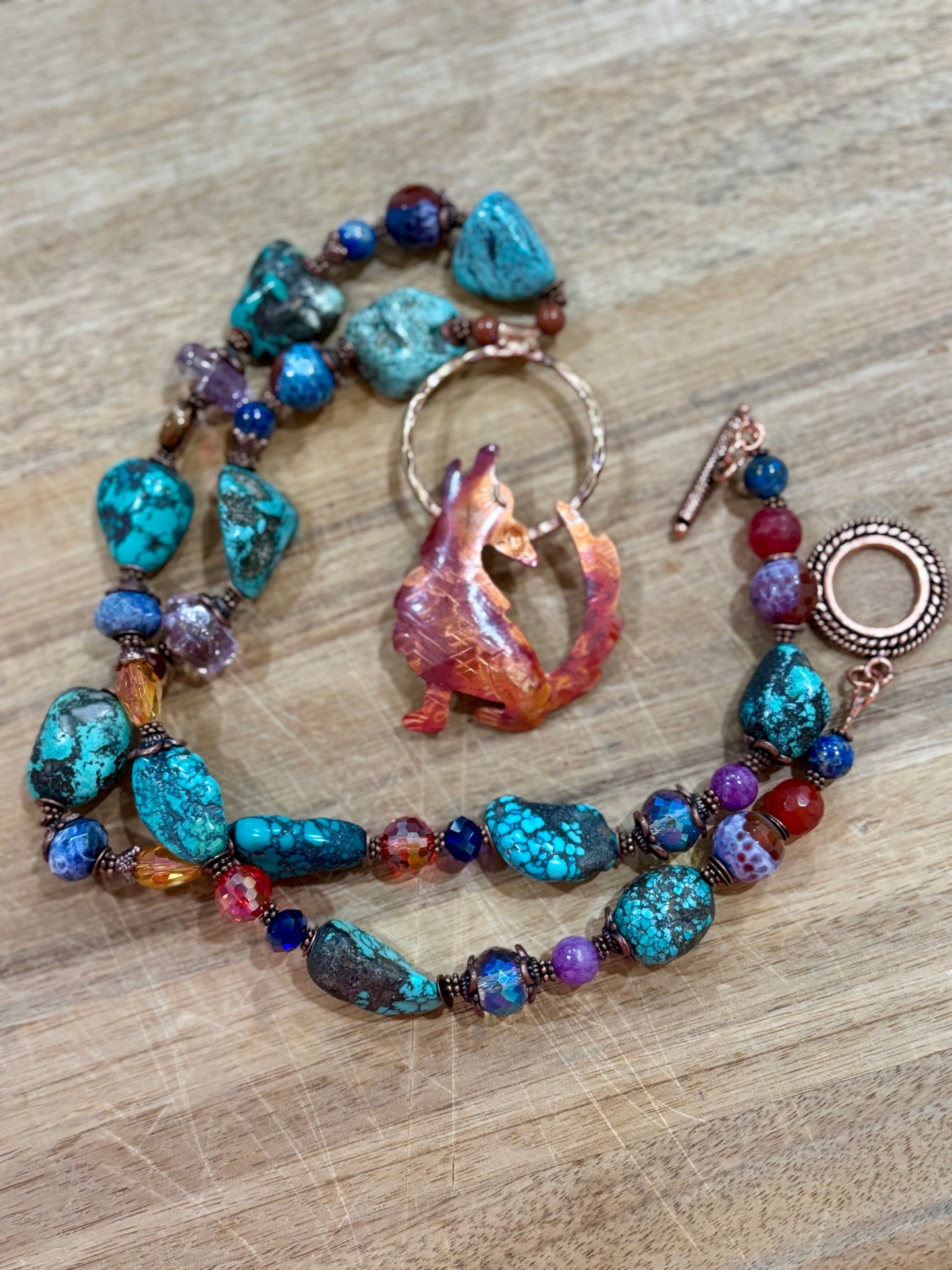 Authentic Turquoise and Gemstone Necklace with Artisan hand crafted Coyote/Wolf Copper Pendant