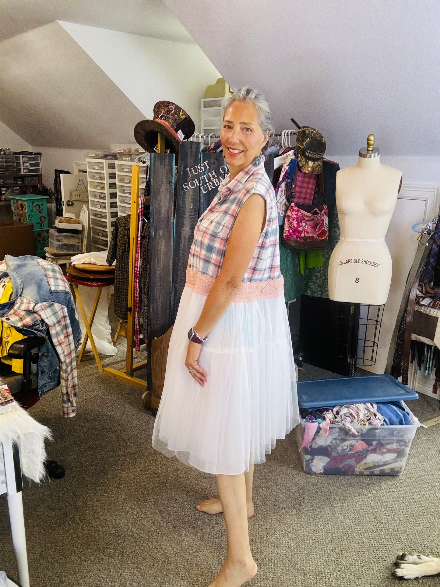 Country Glam Summer Dress, White Toole and Pink Flannel, with Frida Image, Size Large