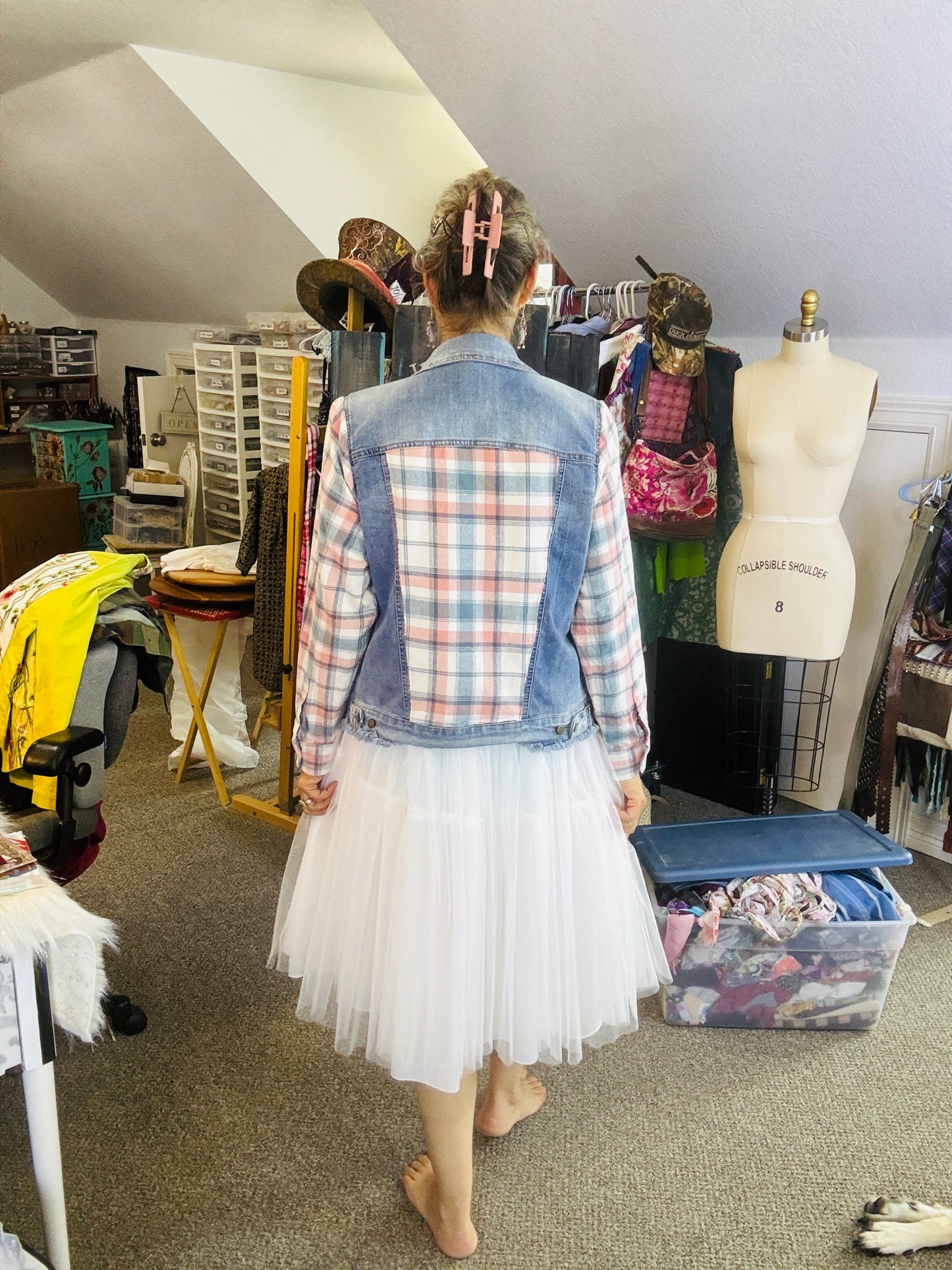 Country Glam Summer Dress, White Toole and Pink Flannel, with Frida Image, Size Large