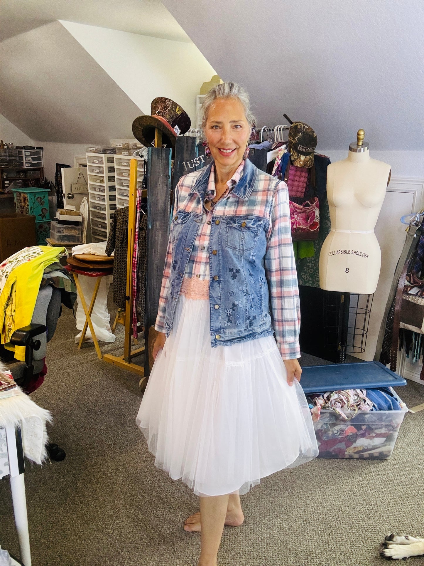 Country Glam Summer Dress, White Toole and Pink Flannel, with Frida Image, Size Large