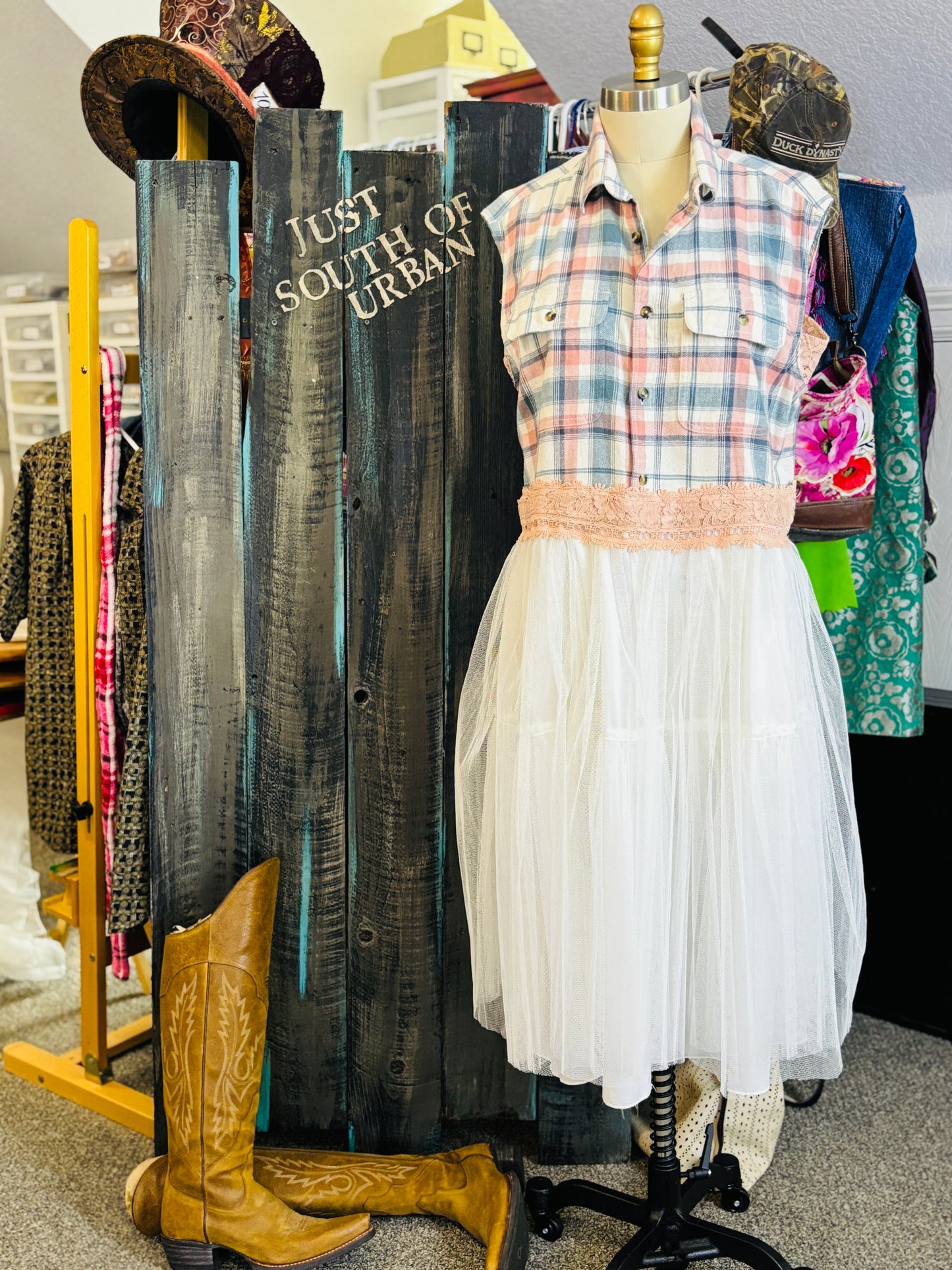 Country Glam Summer Dress, White Toole and Pink Flannel, with Frida Image, Size Large