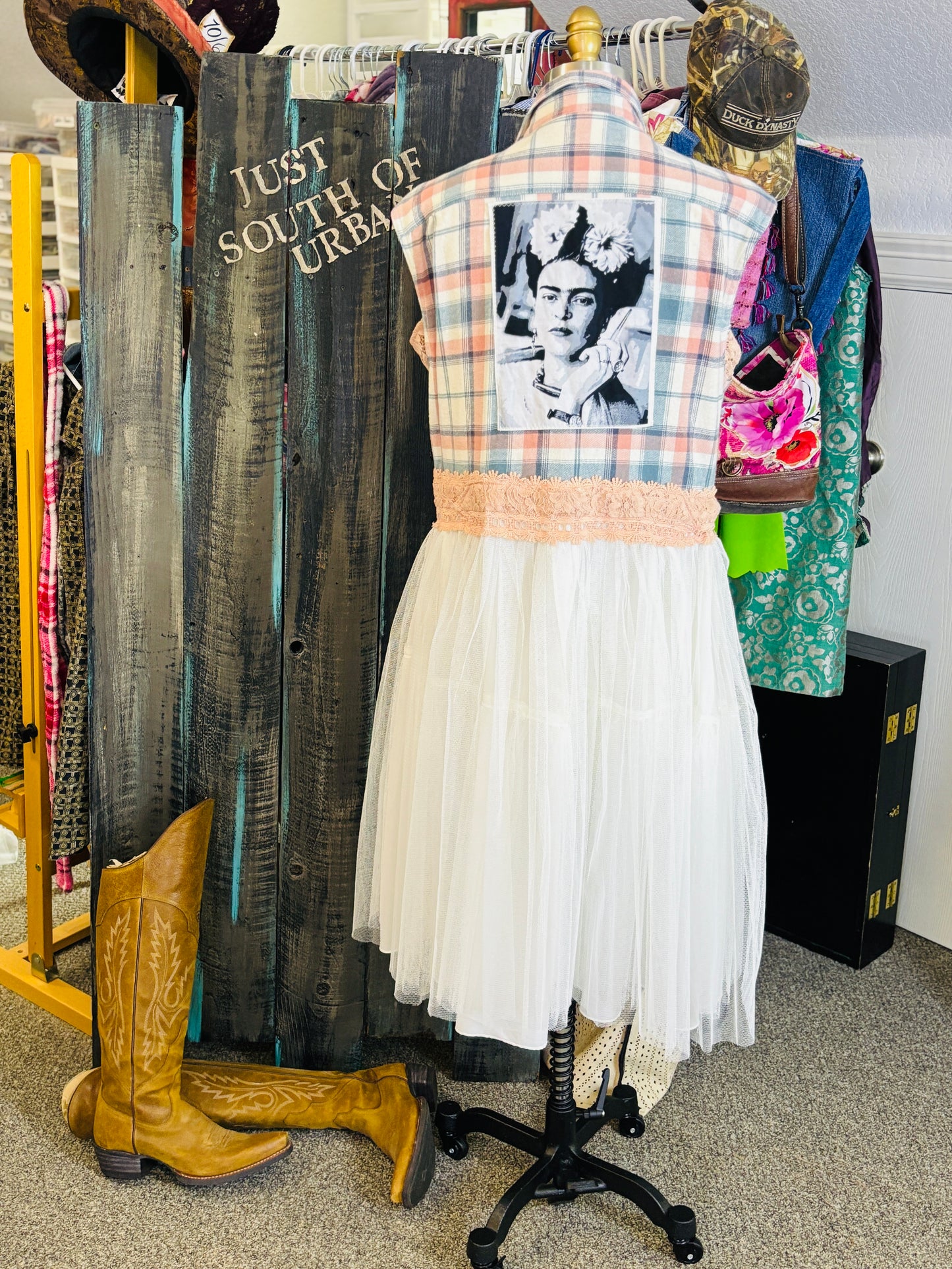 Country Glam Summer Dress, White Toole and Pink Flannel, with Frida Image, Size Large