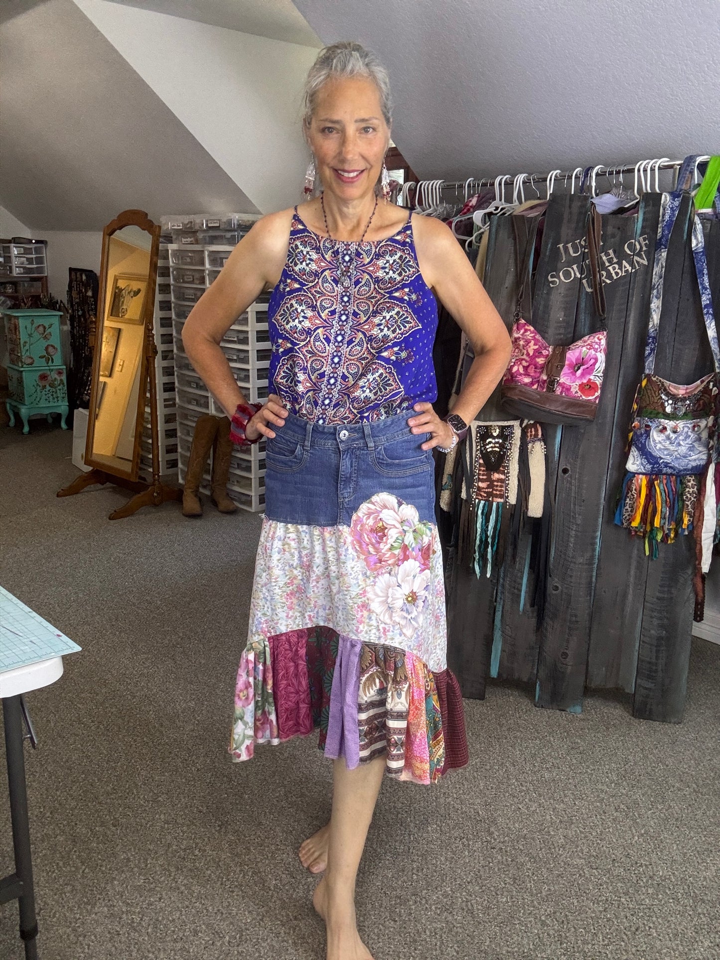 "Monet Meets Country Girl", Bohemian Style Skirt, Middy Length, Size 8