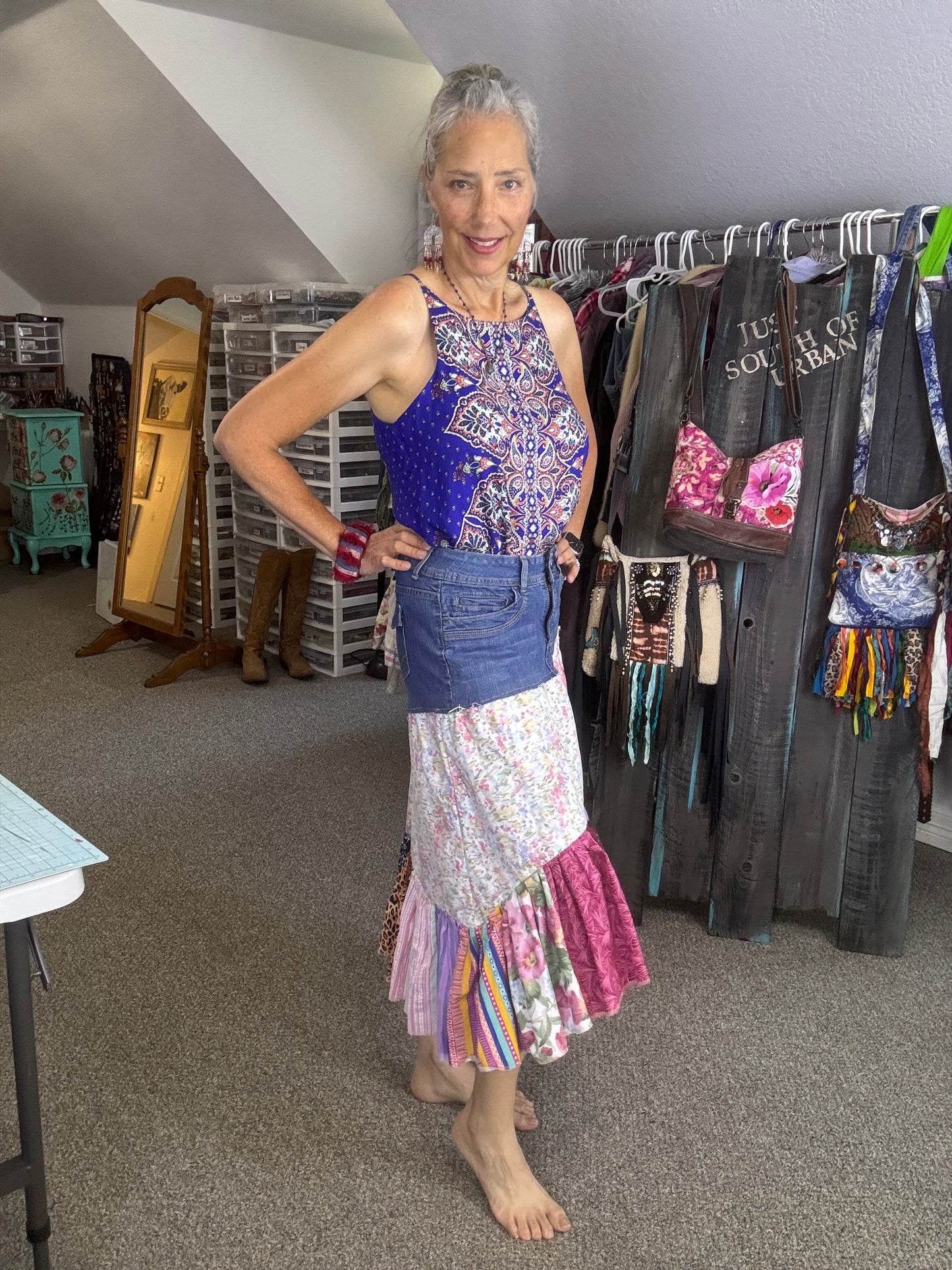 "Monet Meets Country Girl", Bohemian Style Skirt, Middy Length, Size 8