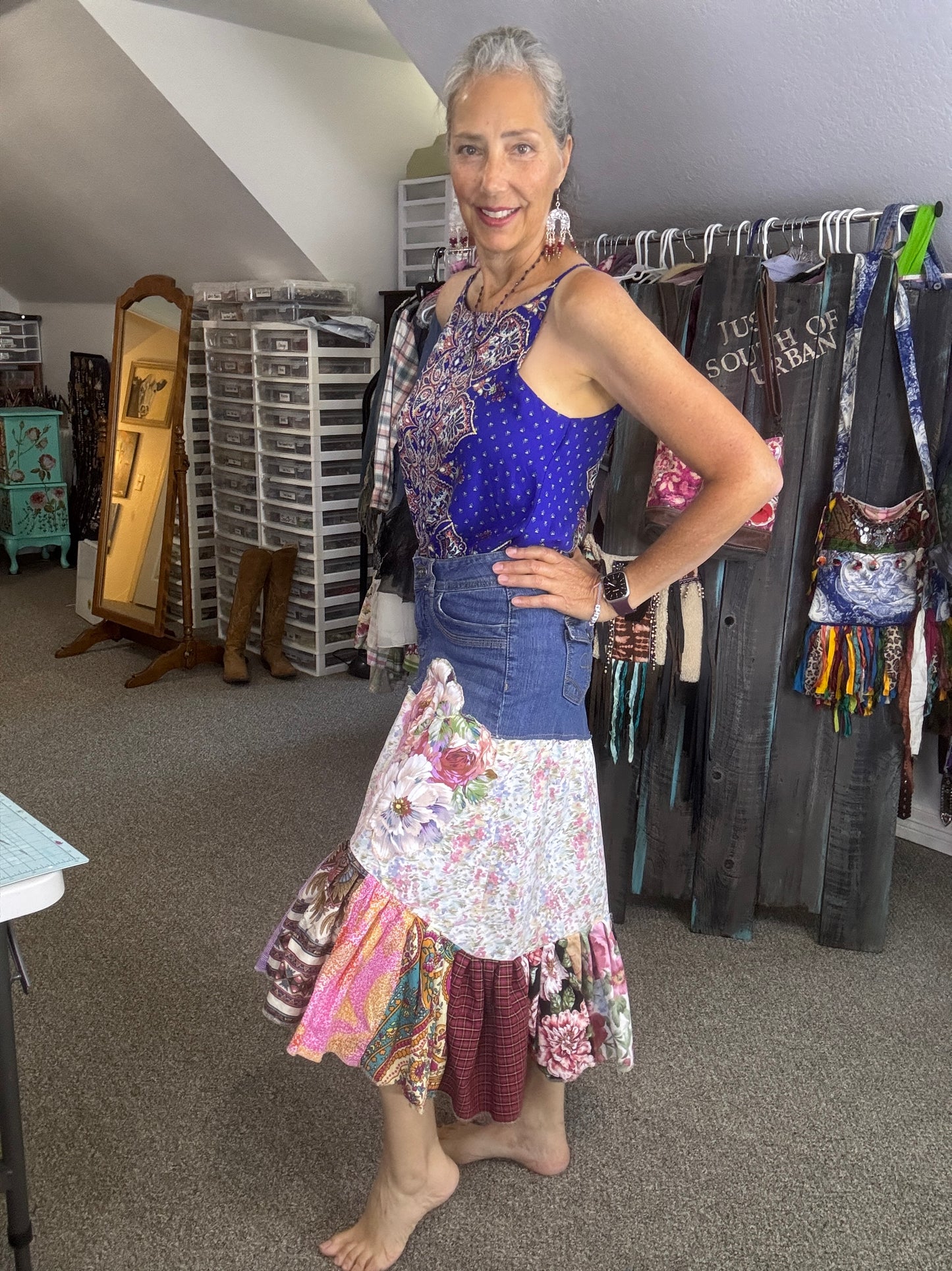 "Monet Meets Country Girl", Bohemian Style Skirt, Middy Length, Size 8