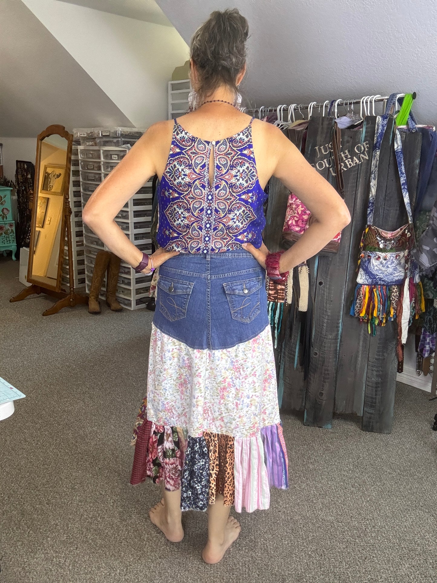"Monet Meets Country Girl", Bohemian Style Skirt, Middy Length, Size 8