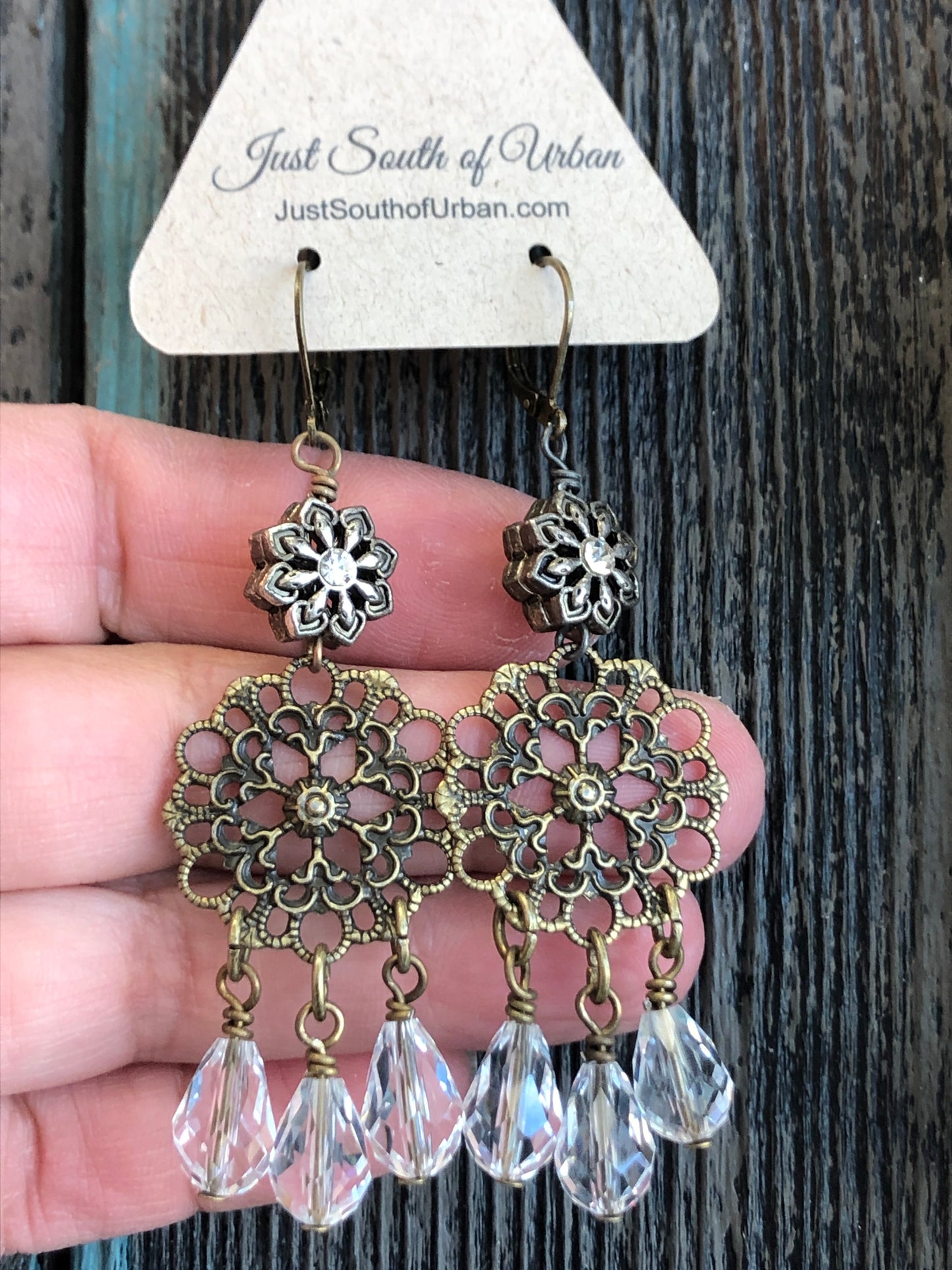 Filigree Silver Tone Dangle Earrings with Clear Faceted Dangle Beads