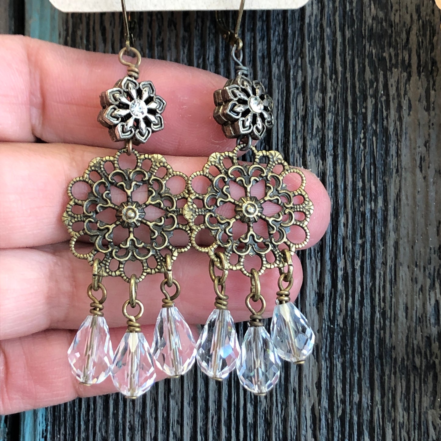 Filigree Silver Tone Dangle Earrings with Clear Faceted Dangle Beads