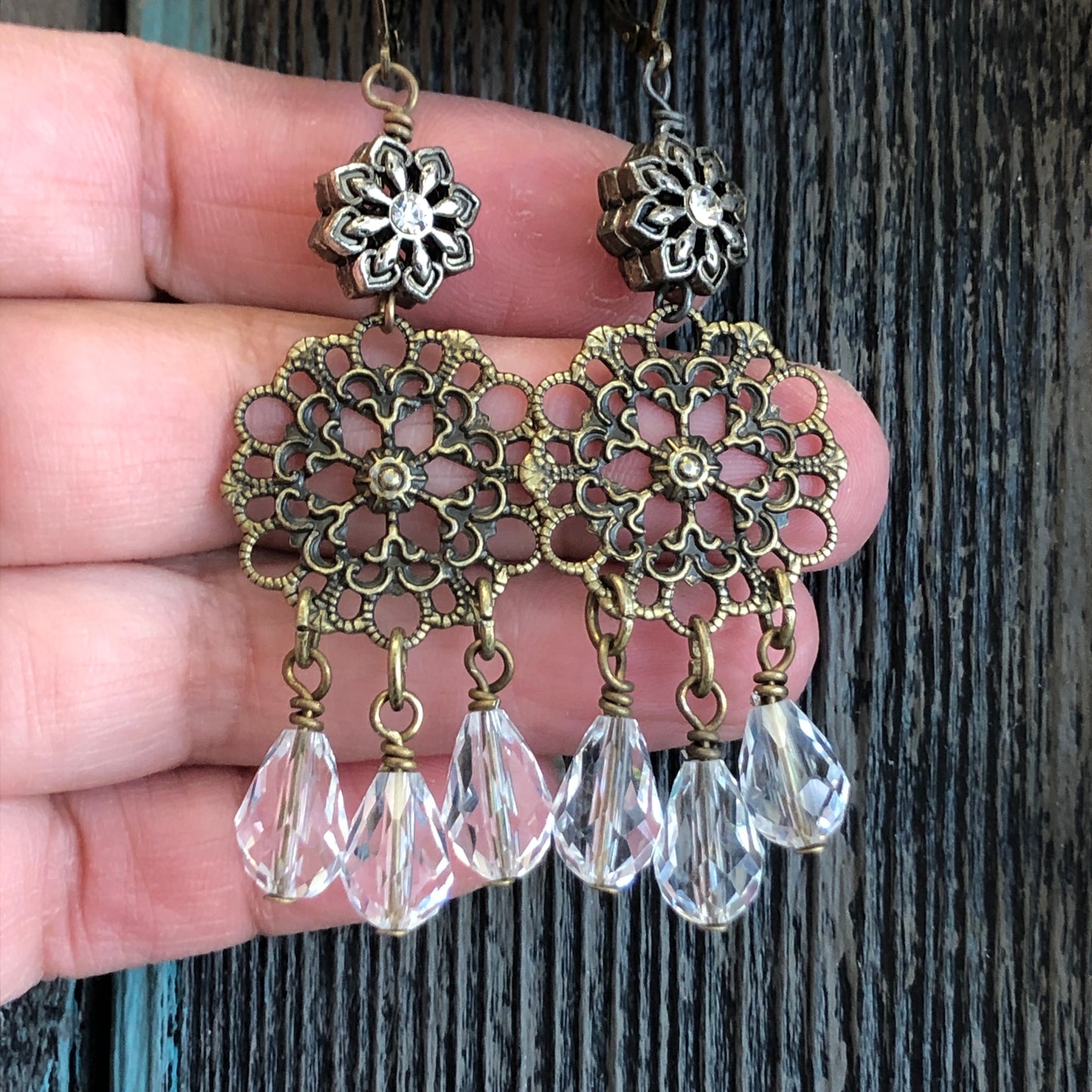 Filigree Silver Tone Dangle Earrings with Clear Faceted Dangle Beads