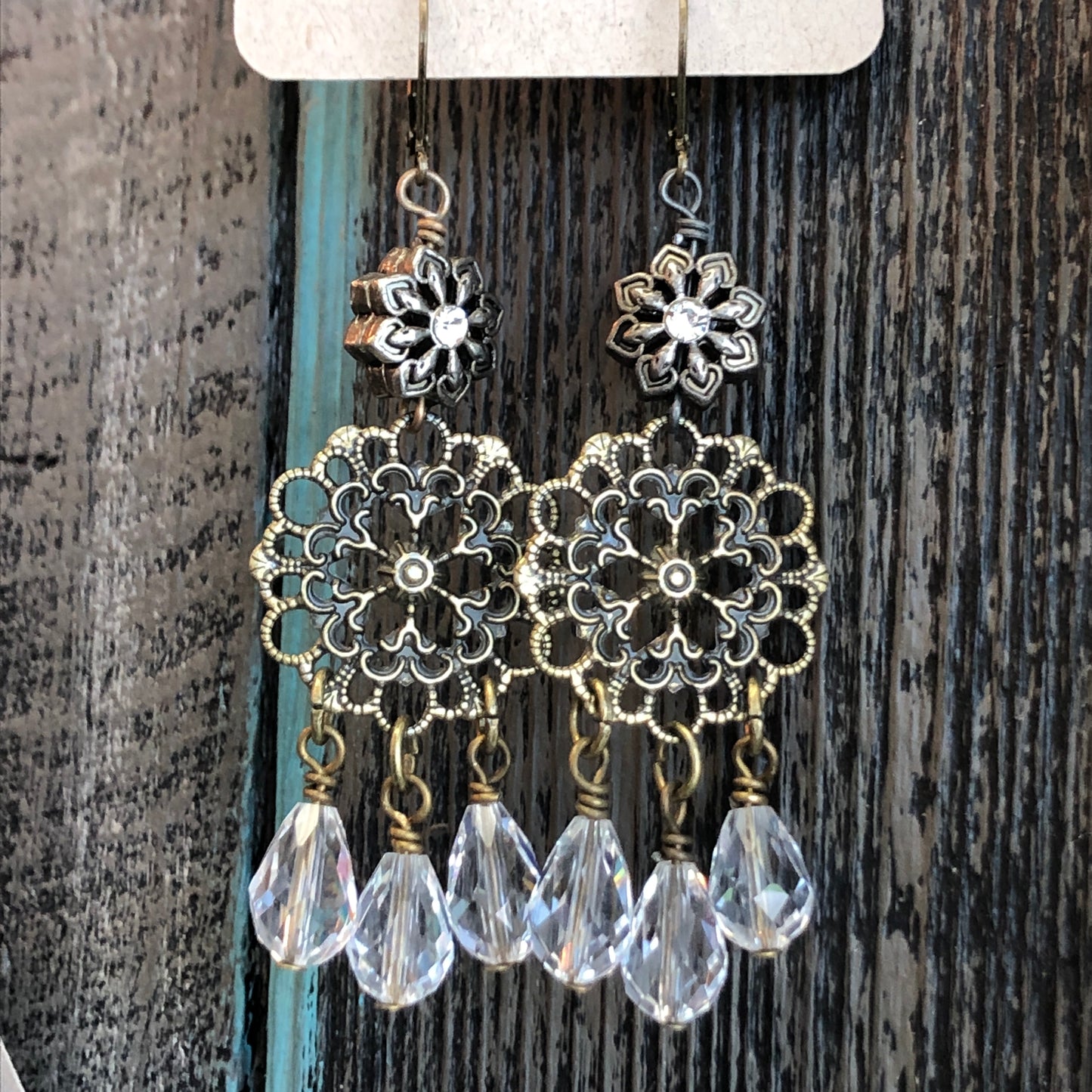 Filigree Silver Tone Dangle Earrings with Clear Faceted Dangle Beads