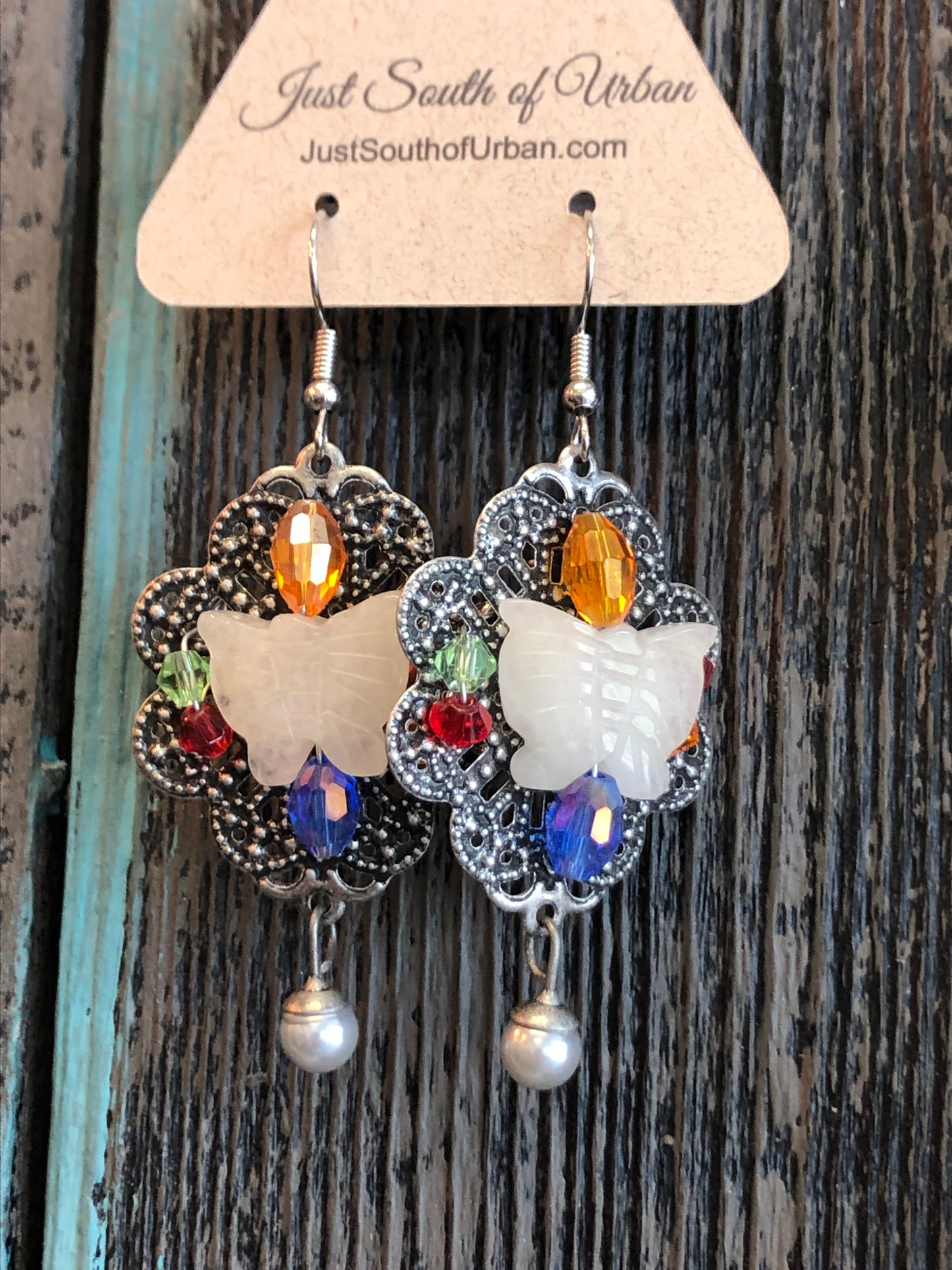 Vintage Filigree, Butterfly Carved Agate and Crystal Dangle Earrings
