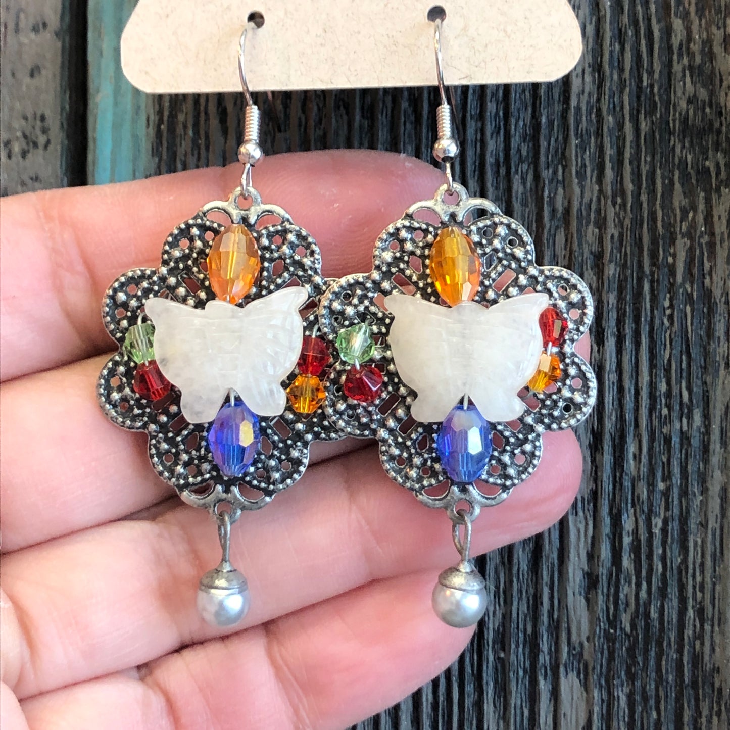 Vintage Filigree, Butterfly Carved Agate and Crystal Dangle Earrings