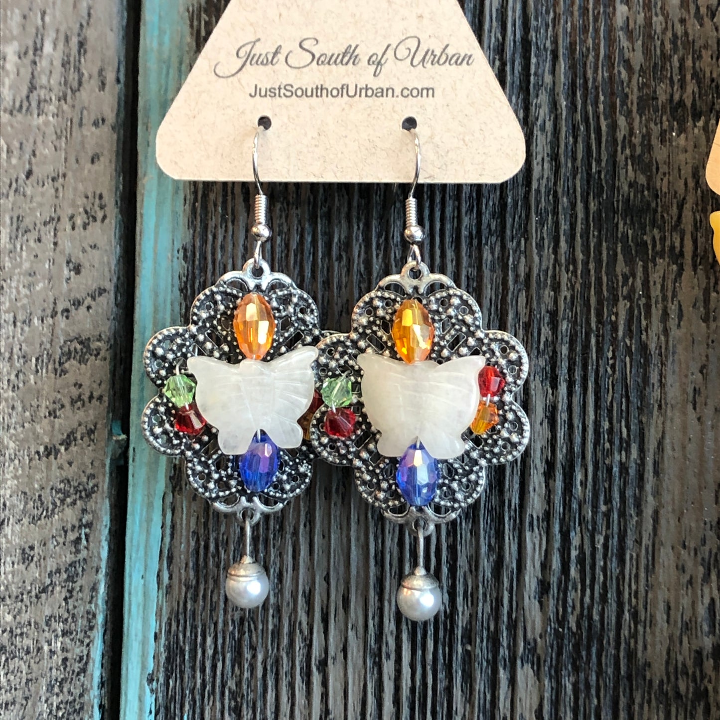 Vintage Filigree, Butterfly Carved Agate and Crystal Dangle Earrings