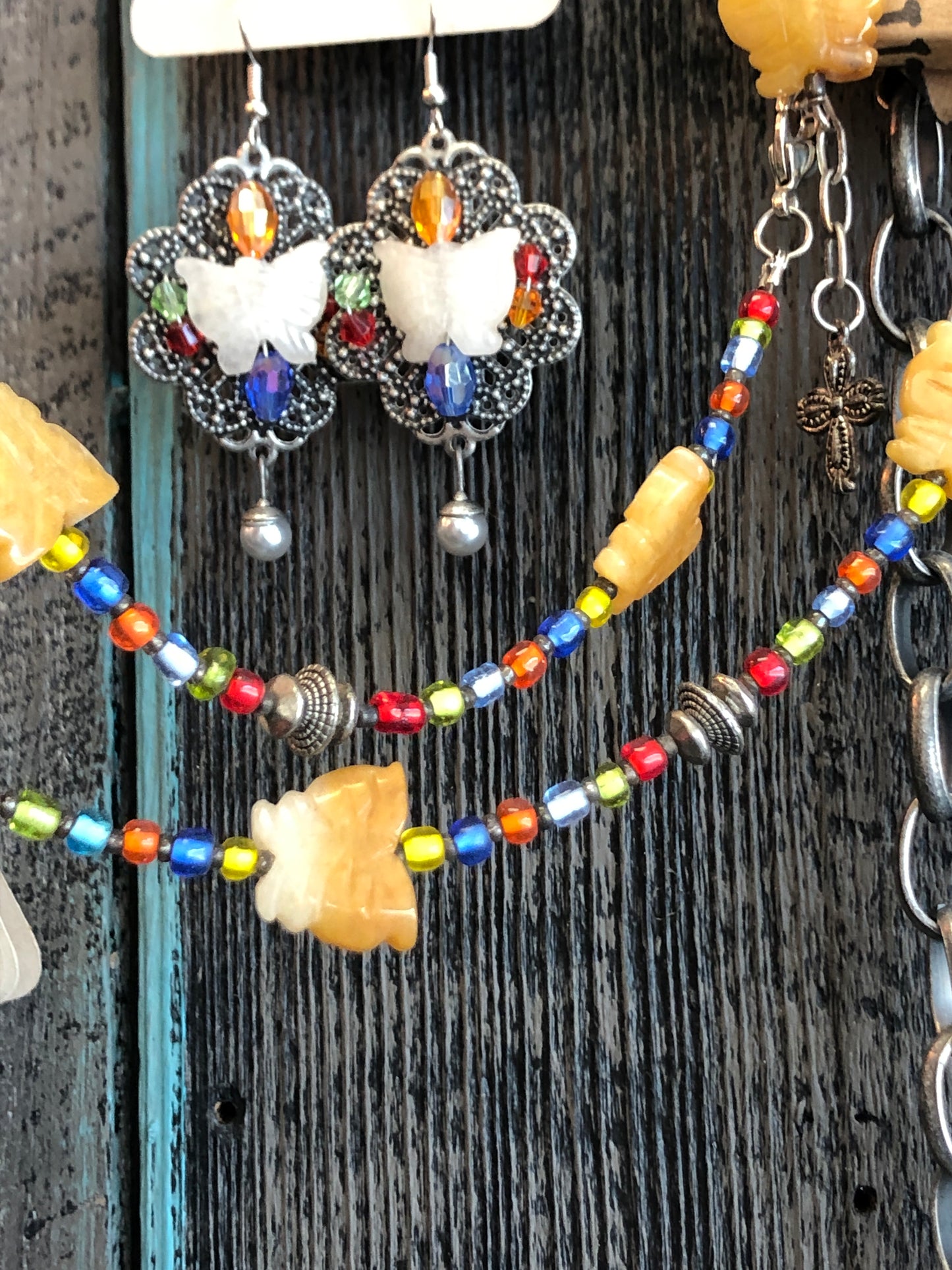 Vintage Filigree, Butterfly Carved Agate and Crystal Dangle Earrings