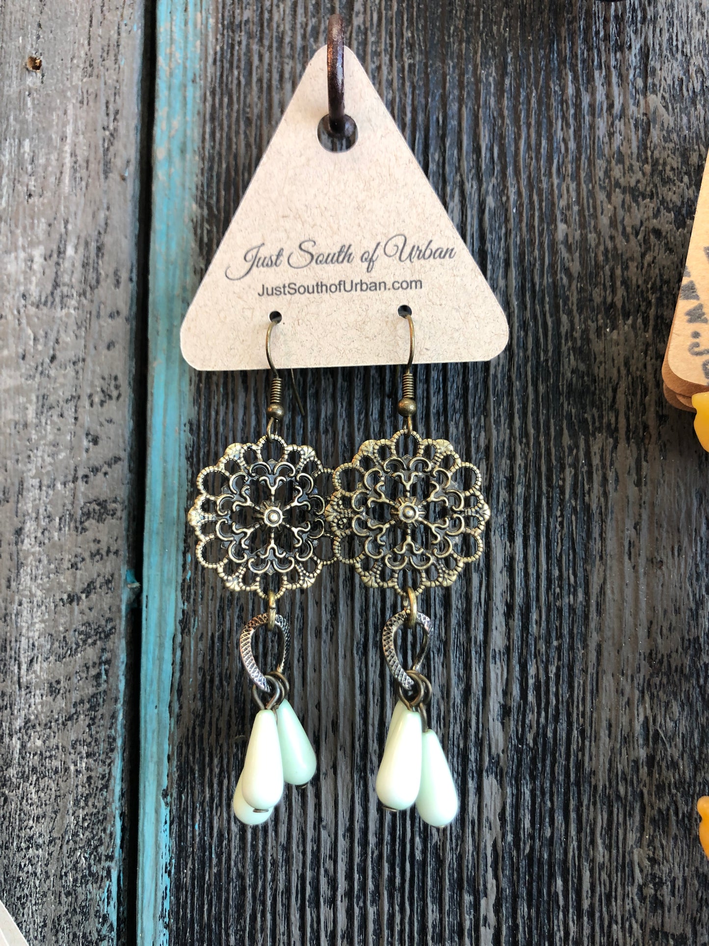 Vintage Filigree Floral Earrings with Green Vintage Drop Dangles