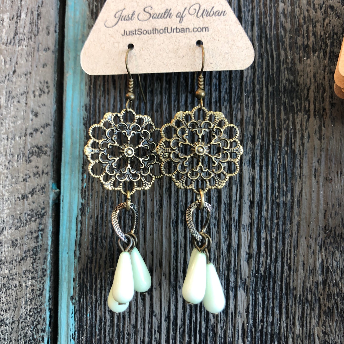 Vintage Filigree Floral Earrings with Green Vintage Drop Dangles