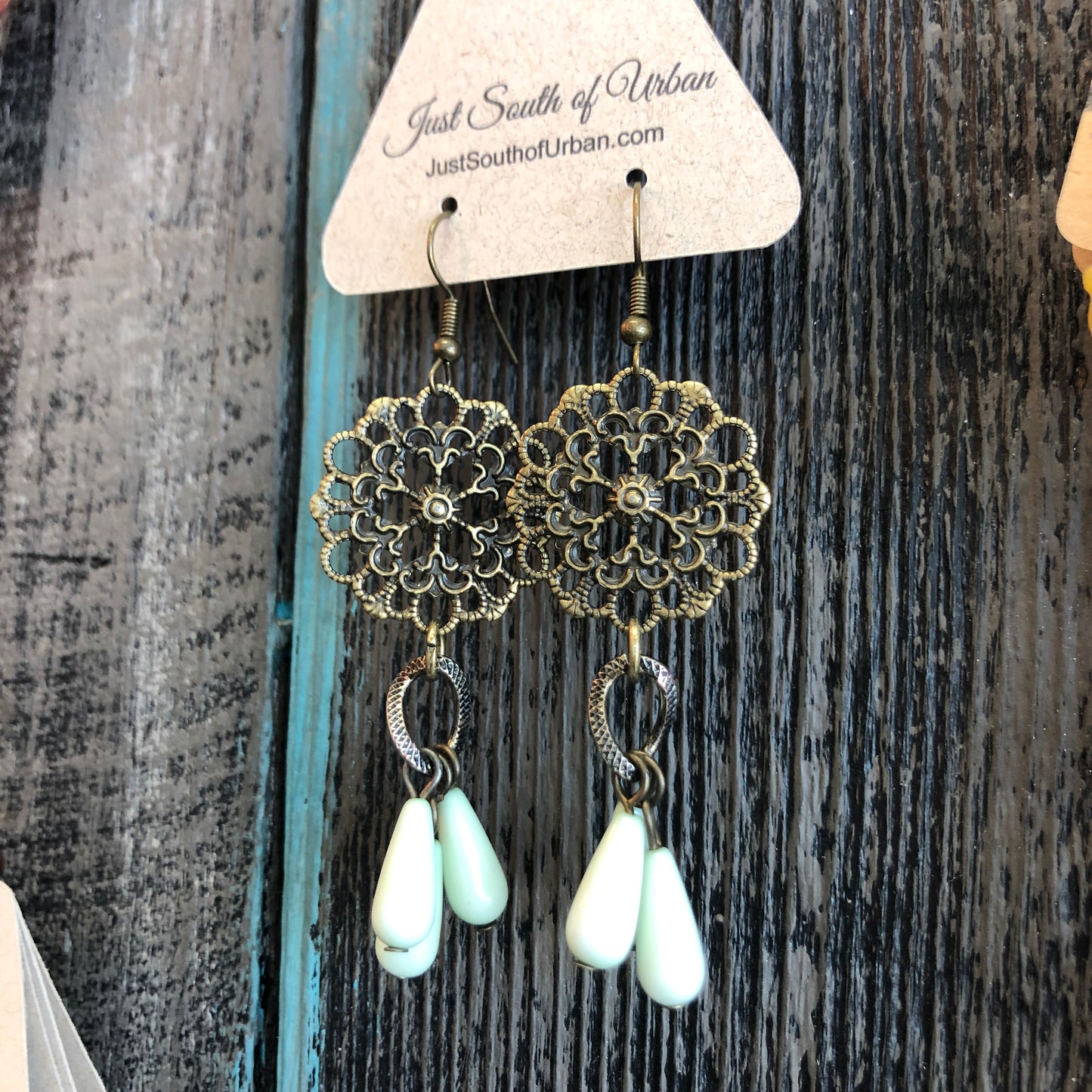 Vintage Filigree Floral Earrings with Green Vintage Drop Dangles