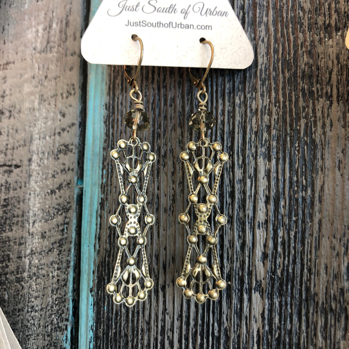 Vintage Filigree Dangle Earrings with Grey Faceted Crystal