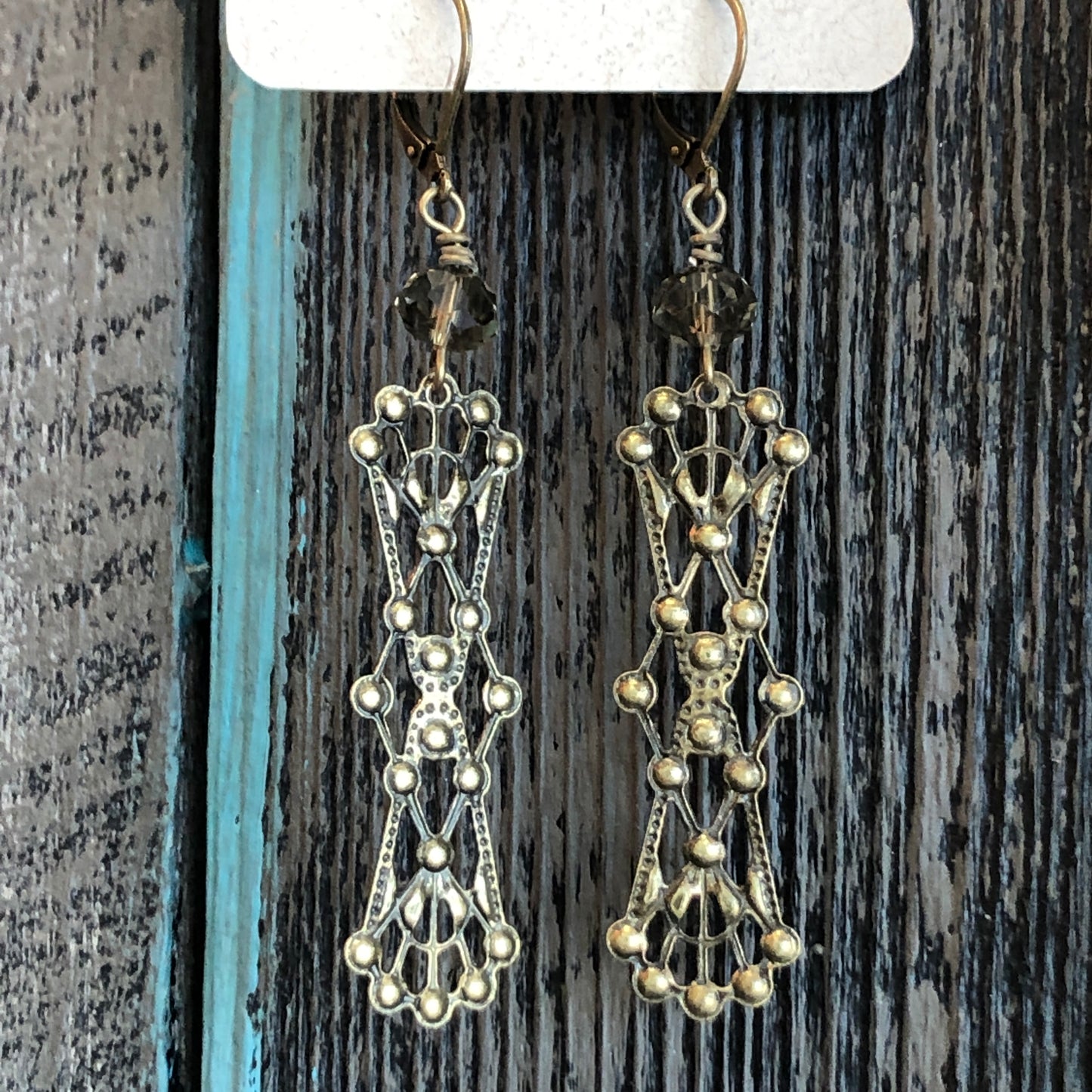 Vintage Filigree Dangle Earrings with Grey Faceted Crystal