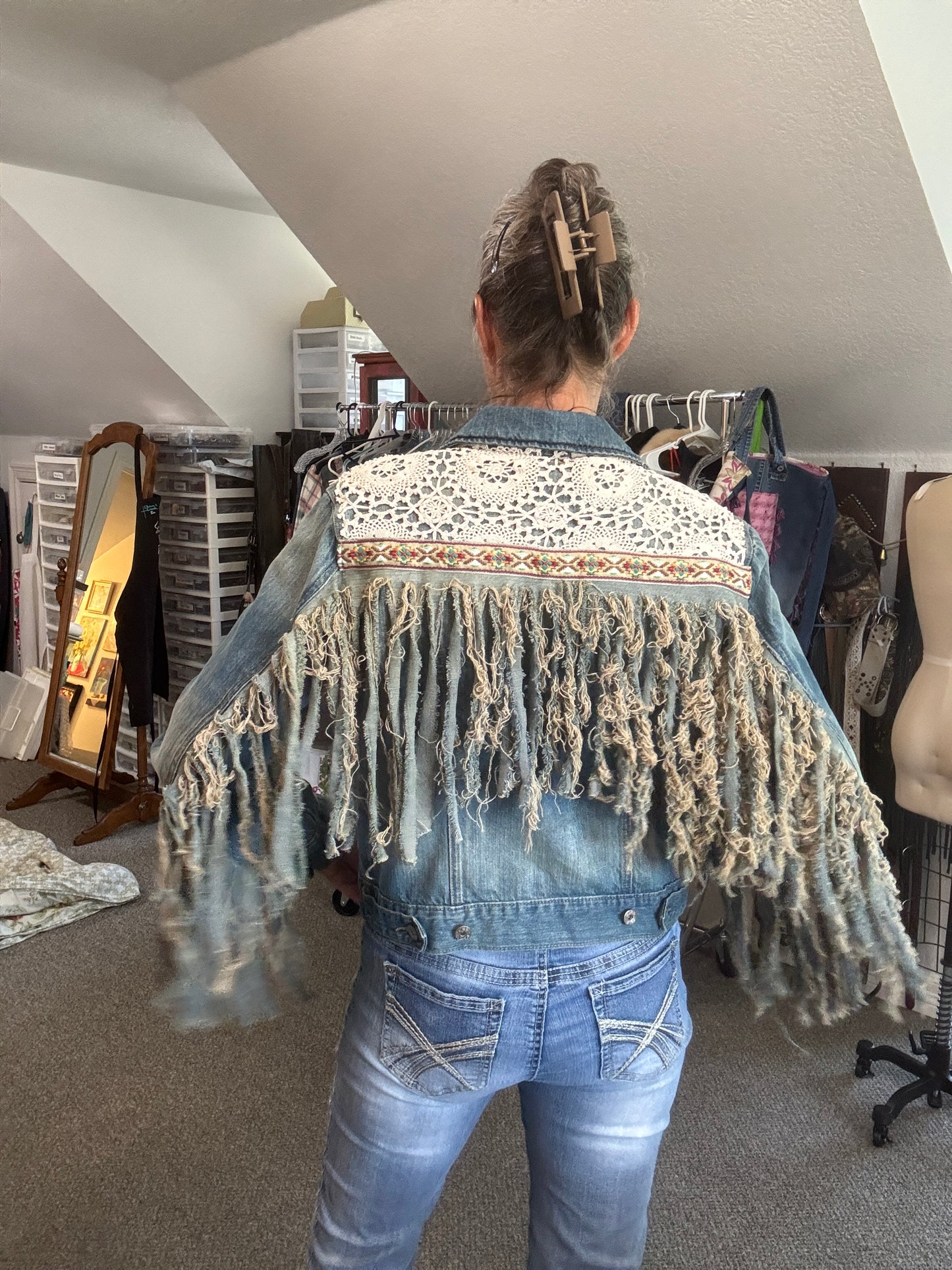 Hey Cowgirl, Up-Cycled Jean Jacket, Western, Lace, Blue Jeans and Bling, Size M/L