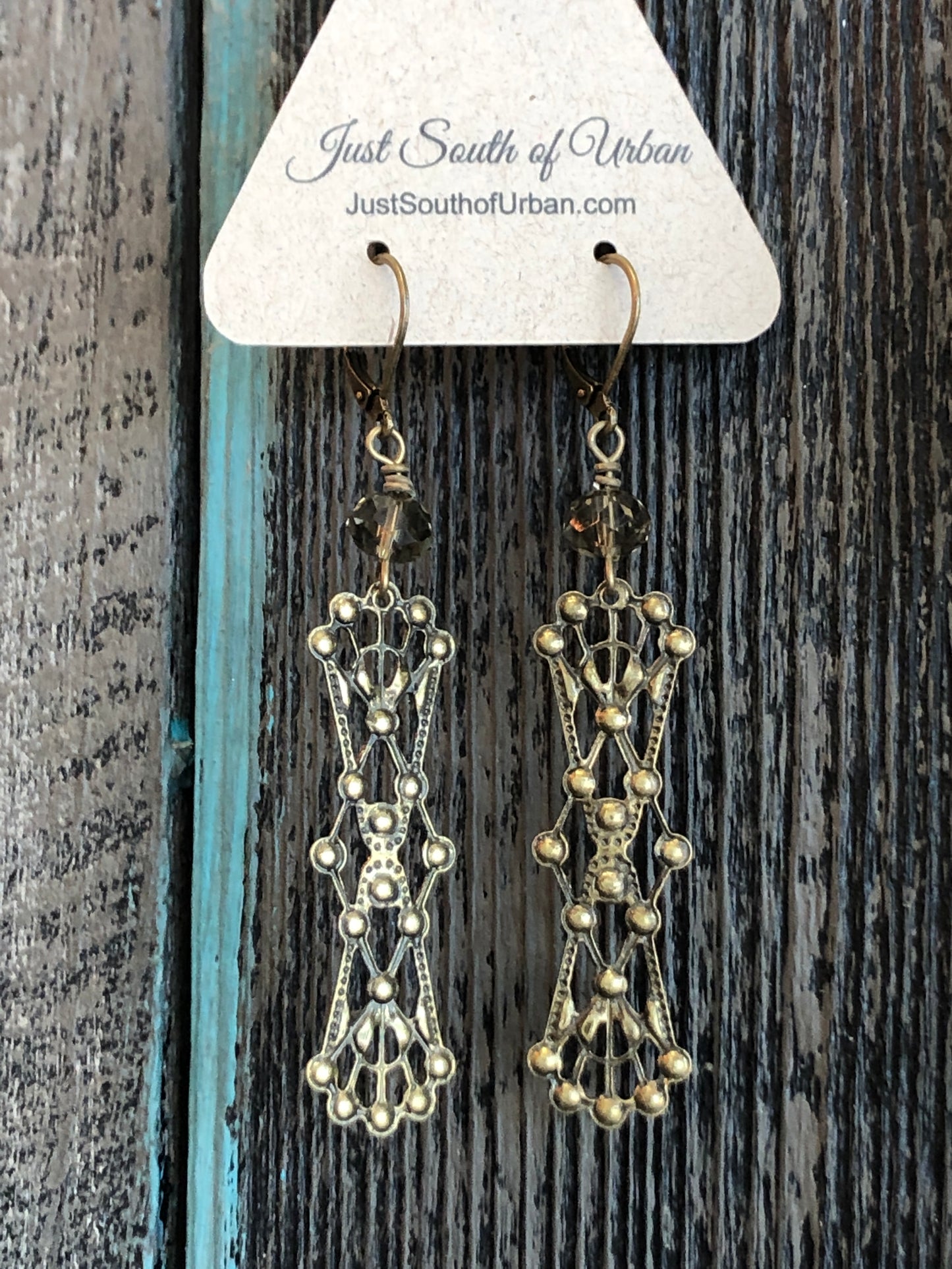 Vintage Filigree Dangle Earrings with Grey Faceted Crystal