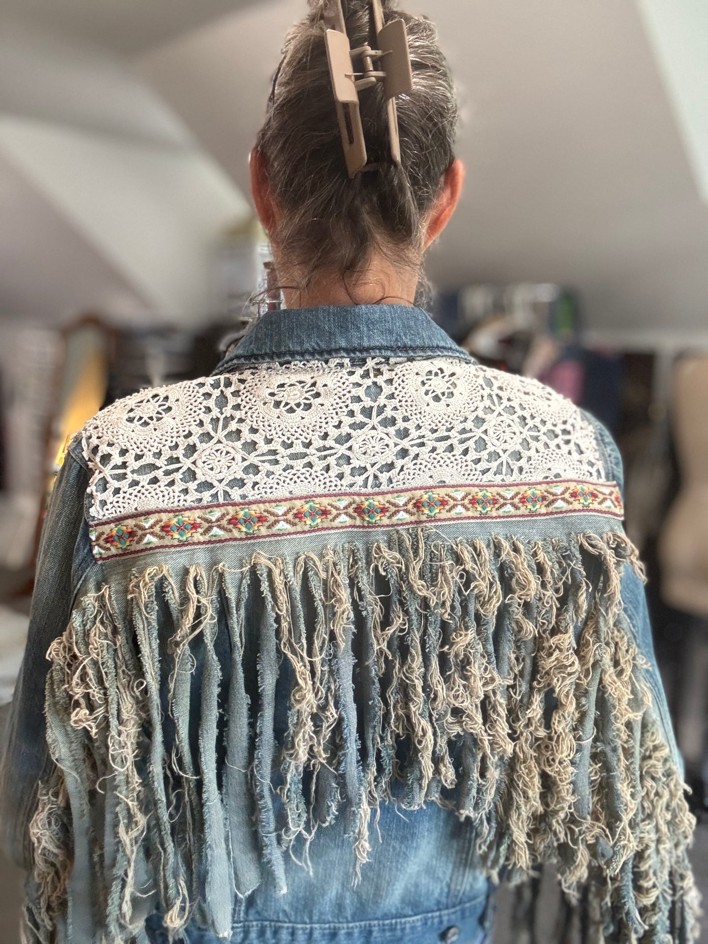 Hey Cowgirl, Up-Cycled Jean Jacket, Western, Lace, Blue Jeans and Bling, Size M/L