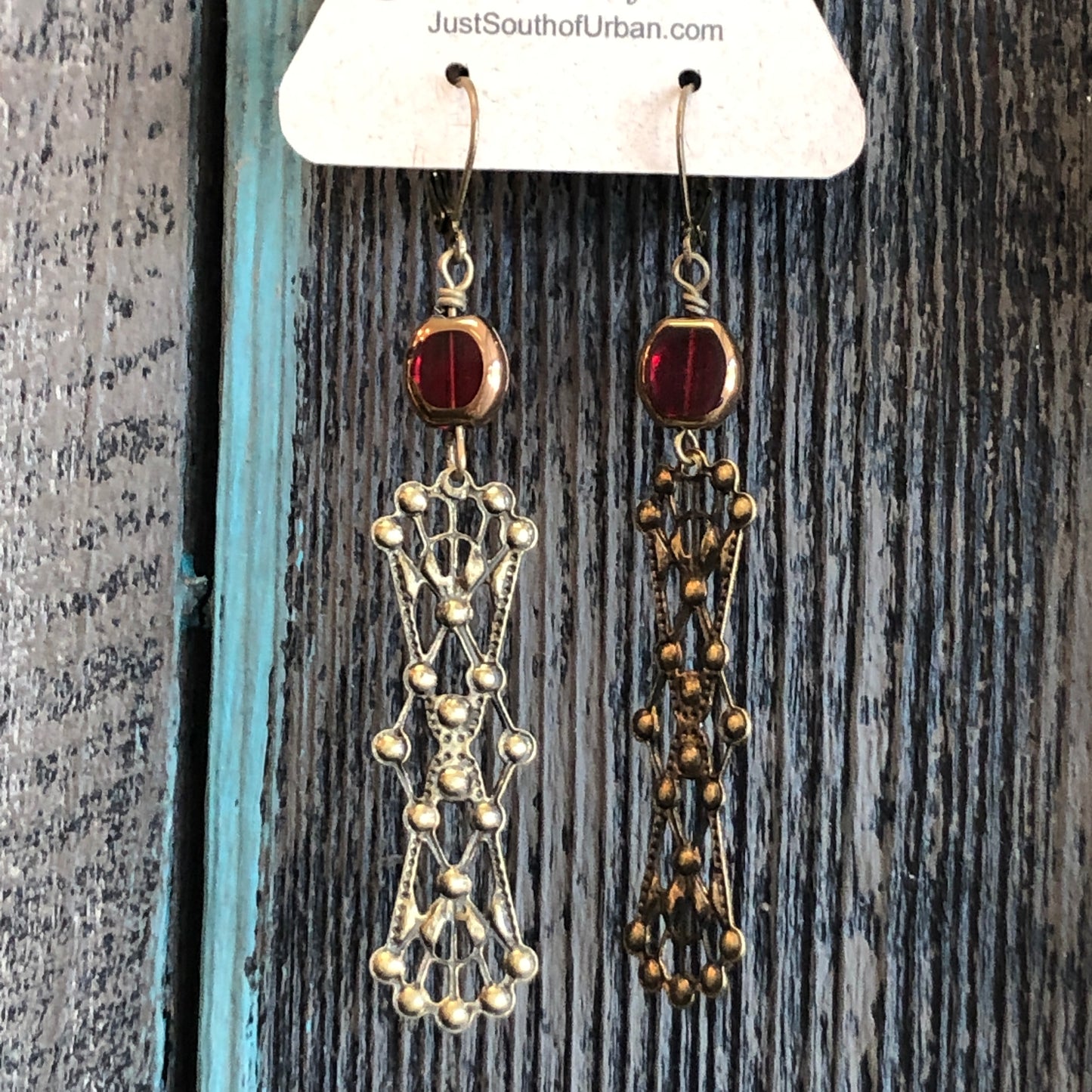 Vintage Filigree Dangle Earrings with RED Glass Bead