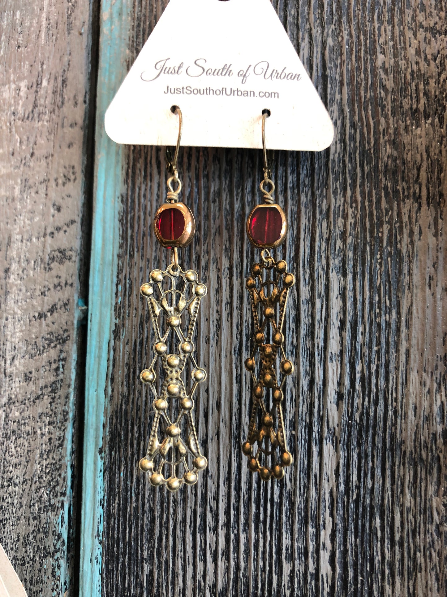 Vintage Filigree Dangle Earrings with RED Glass Bead