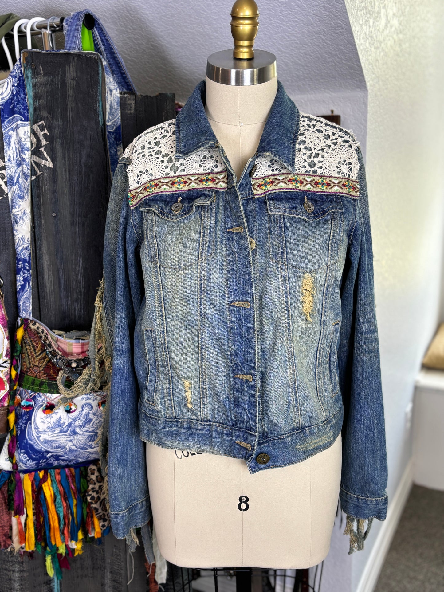Hey Cowgirl, Up-Cycled Jean Jacket, Western, Lace, Blue Jeans and Bling, Size M/L