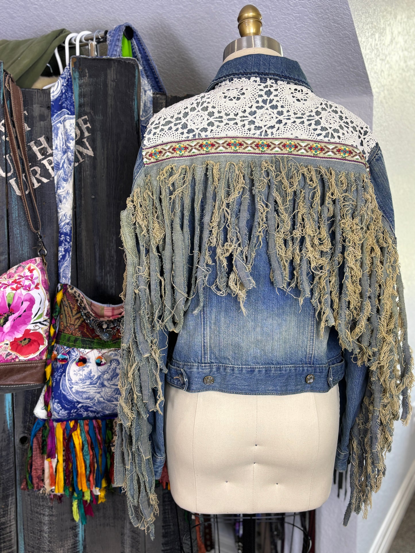 Hey Cowgirl, Up-Cycled Jean Jacket, Western, Lace, Blue Jeans and Bling, Size M/L