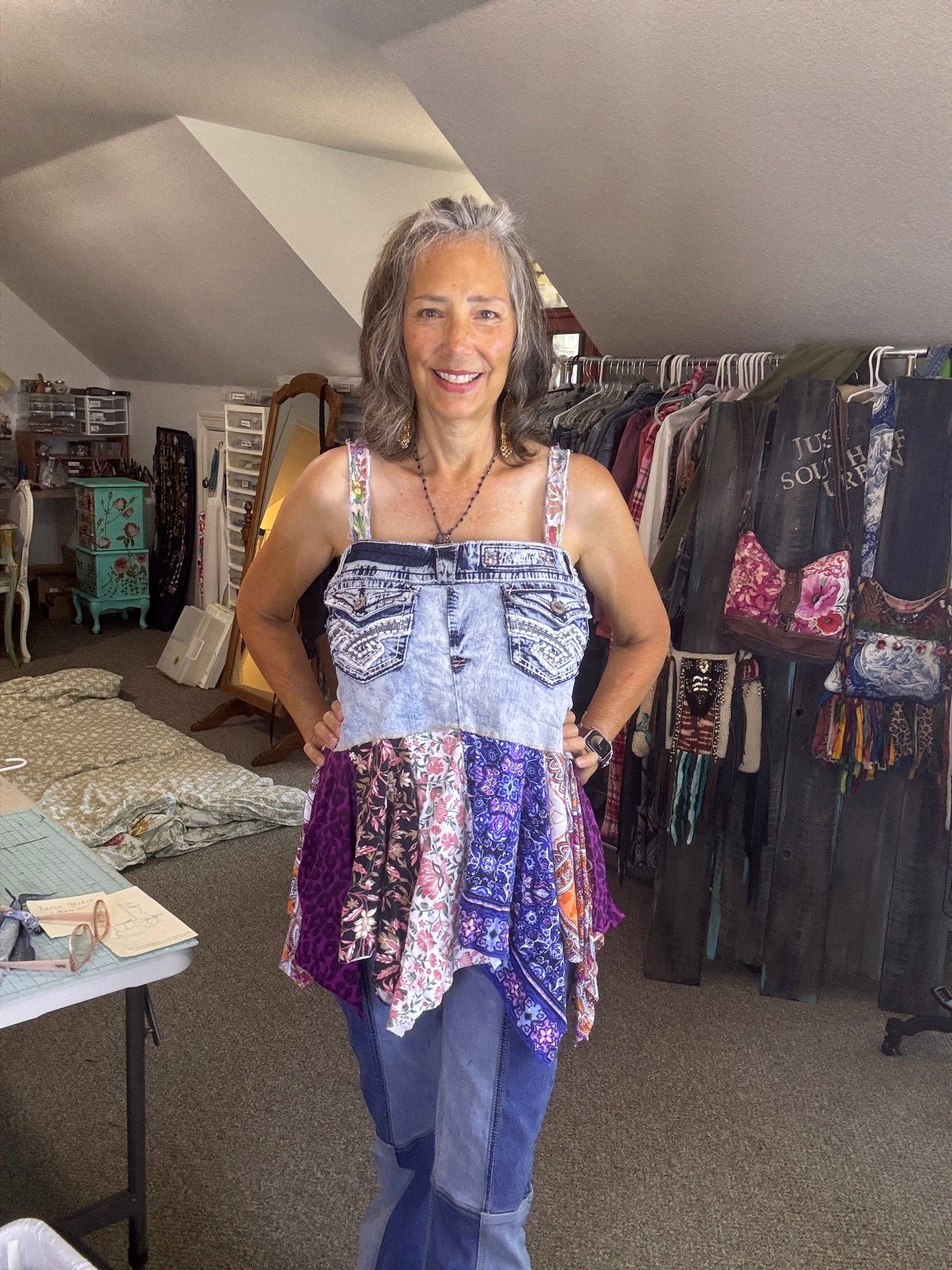 Gypsy Denim Bling Jeans Top, Flowing Hippie-Boho Funky 70's Vibe Up-cylce