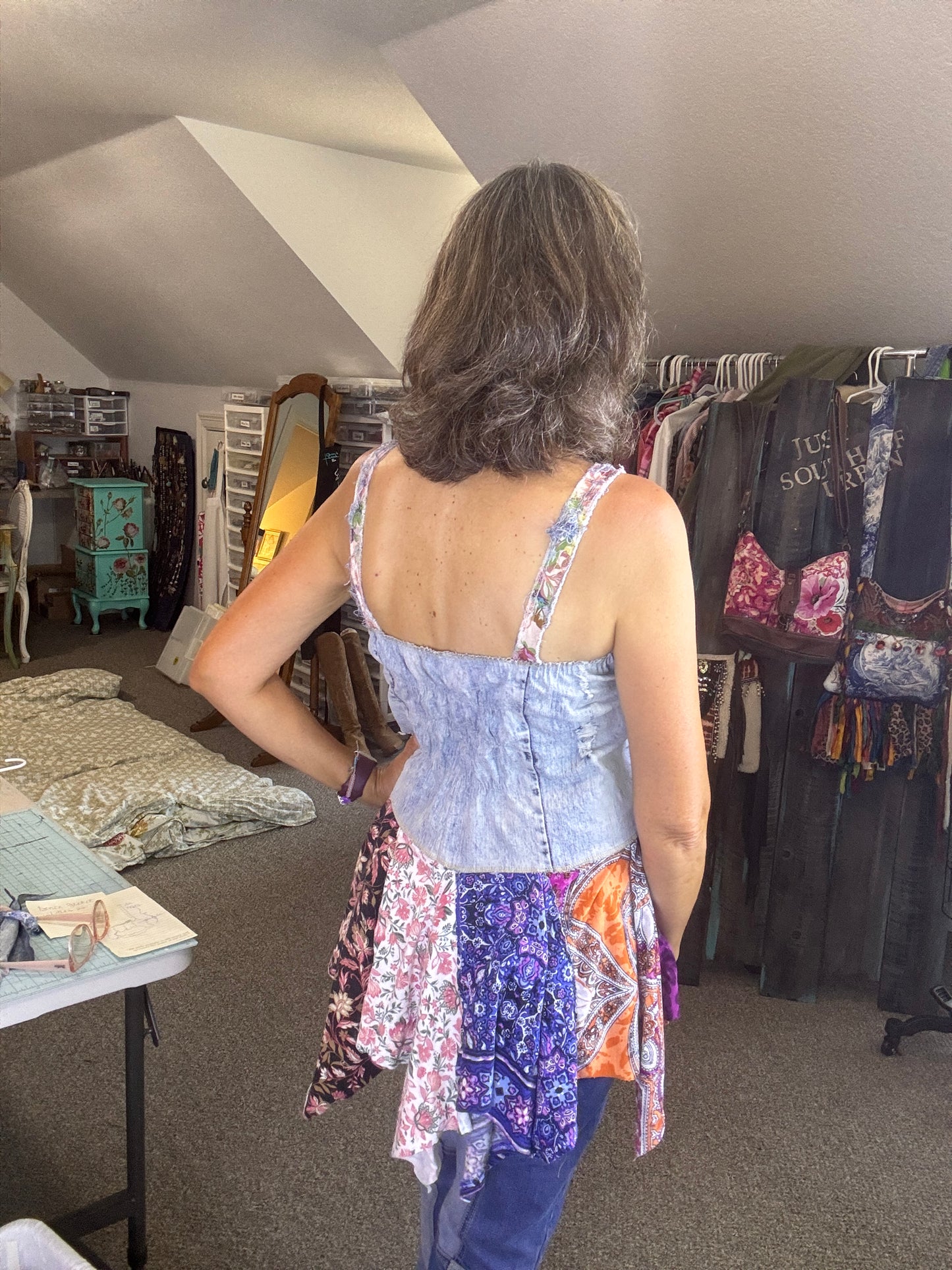 Gypsy Denim Bling Jeans Top, Flowing Hippie-Boho Funky 70's Vibe Up-cylce