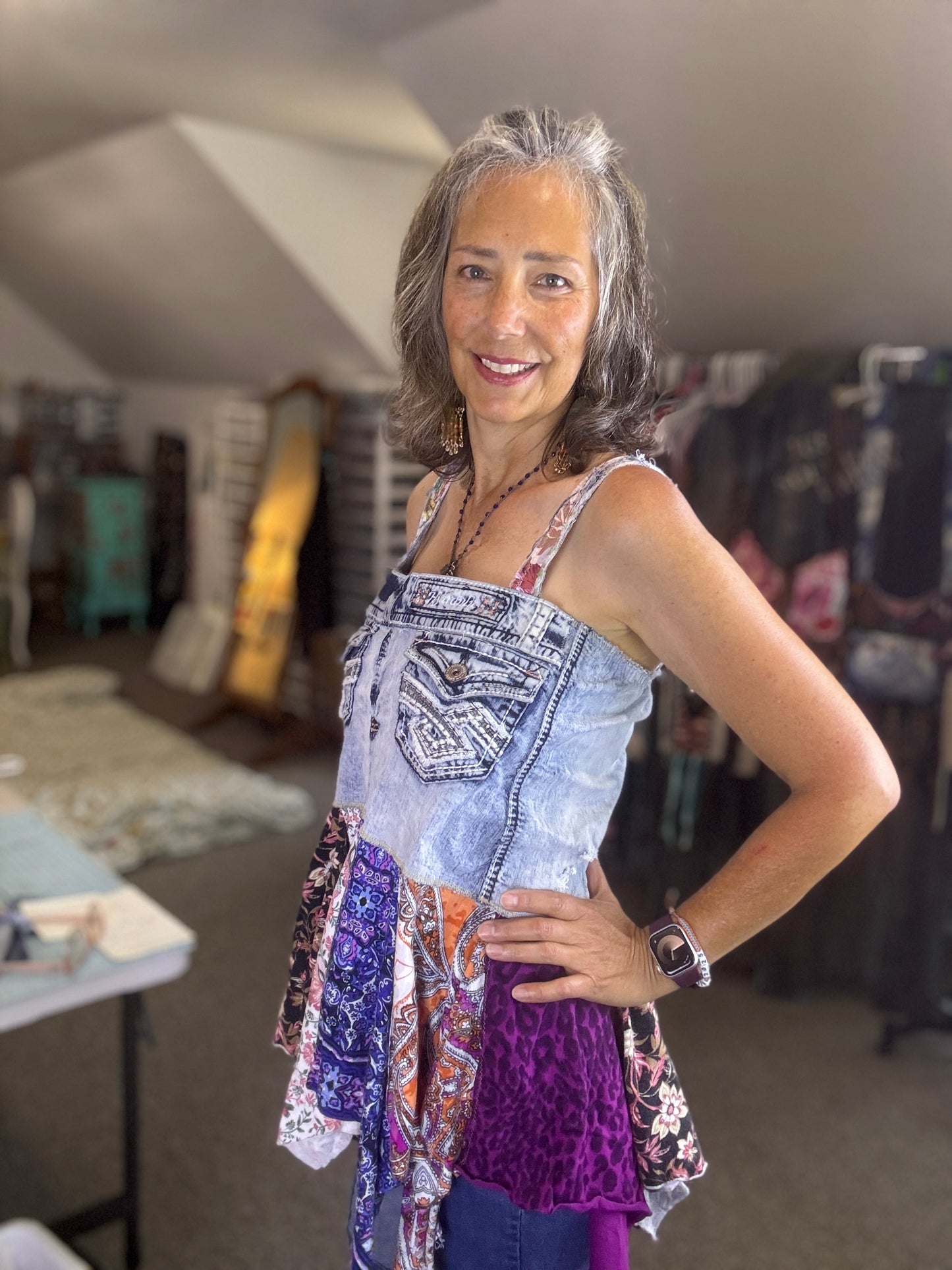 Gypsy Denim Bling Jeans Top, Flowing Hippie-Boho Funky 70's Vibe Up-cylce