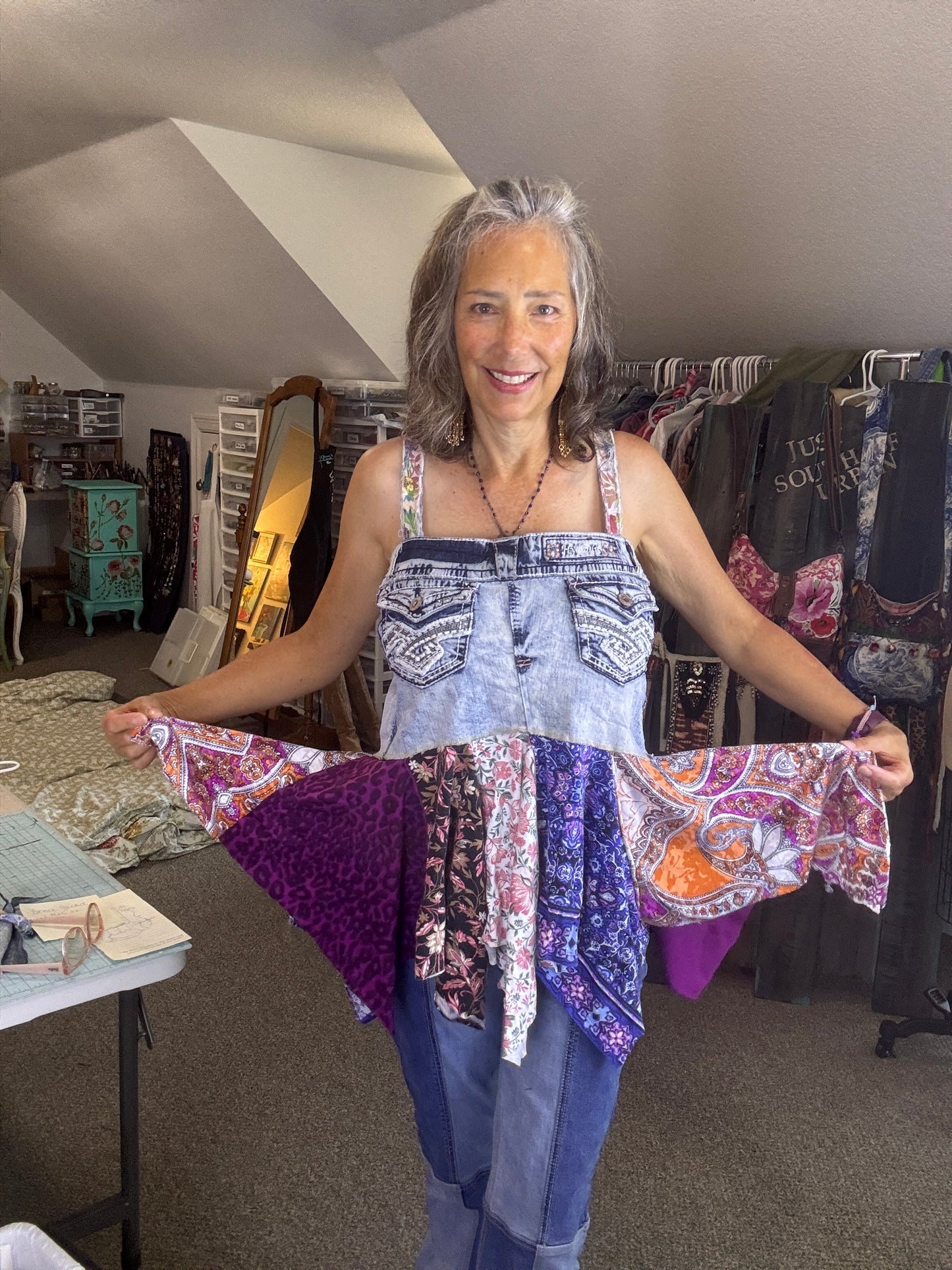 Gypsy Denim Bling Jeans Top, Flowing Hippie-Boho Funky 70's Vibe Up-cylce