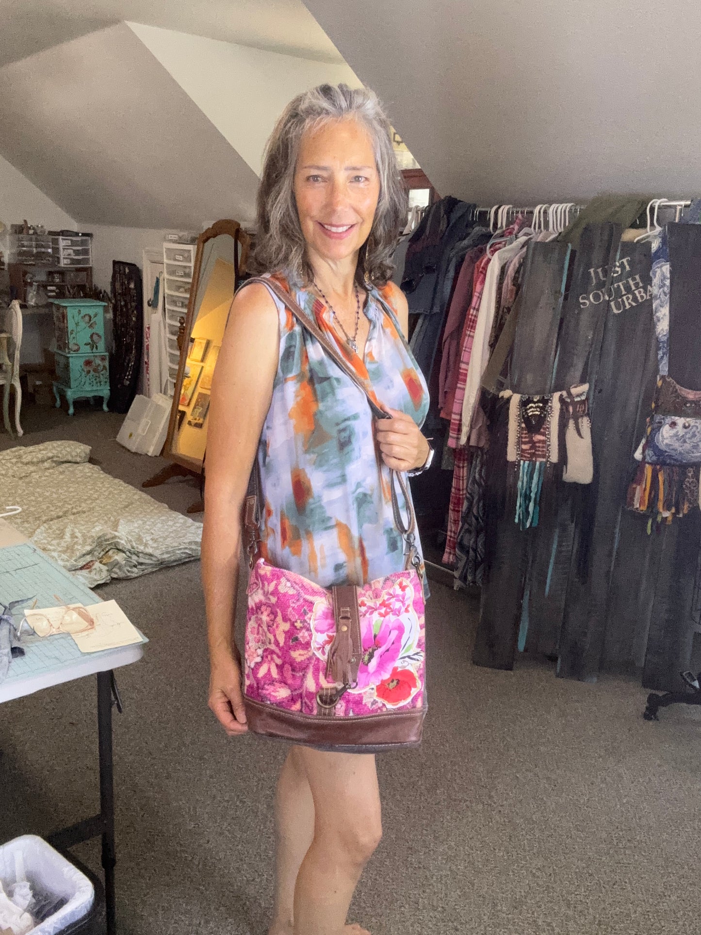 Up-cycled Maya Bag, Florals, Pink and Gray Denim, Cross Body Bag, Purse