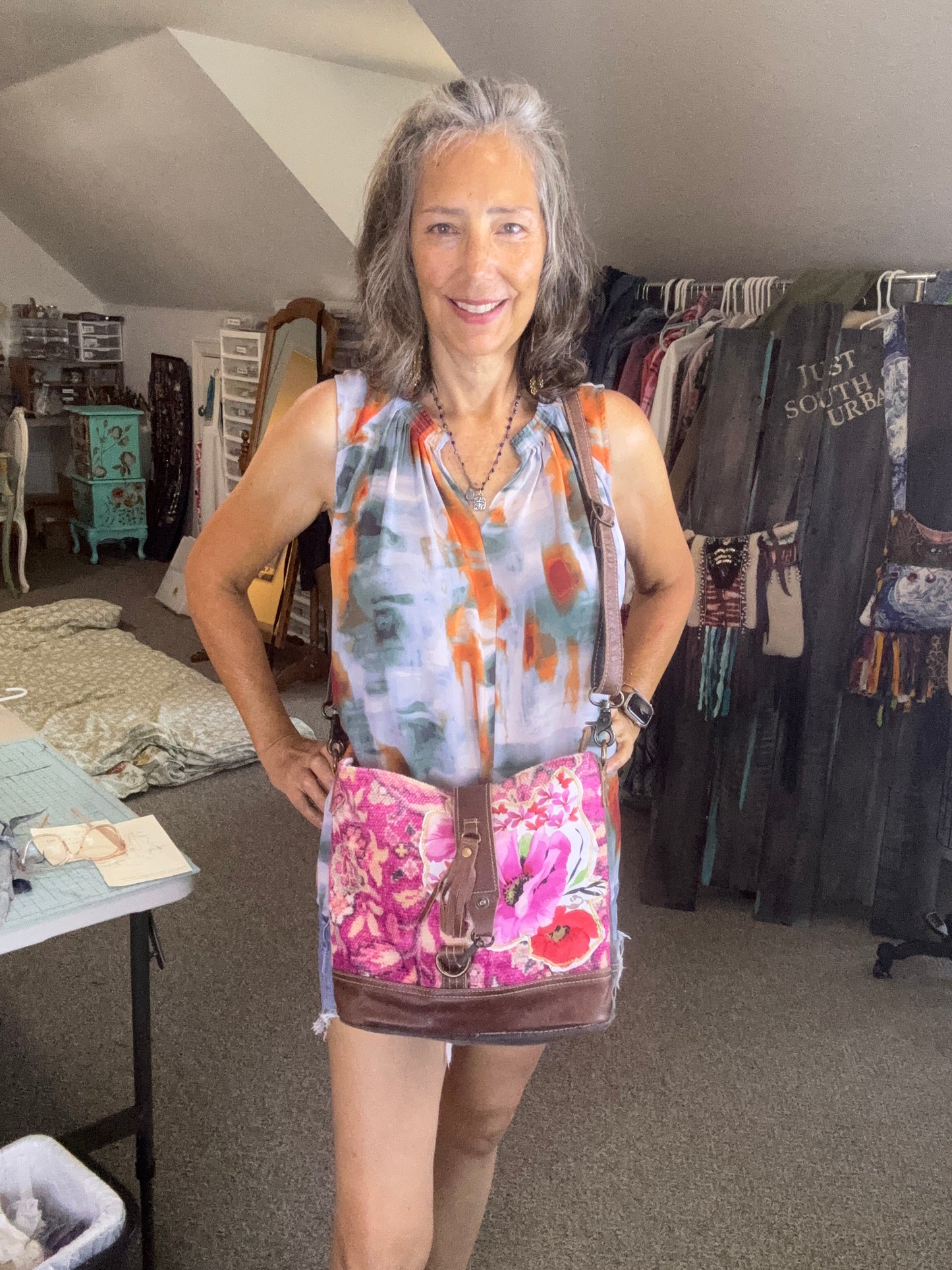 Up-cycled Maya Bag, Florals, Pink and Gray Denim, Cross Body Bag, Purse