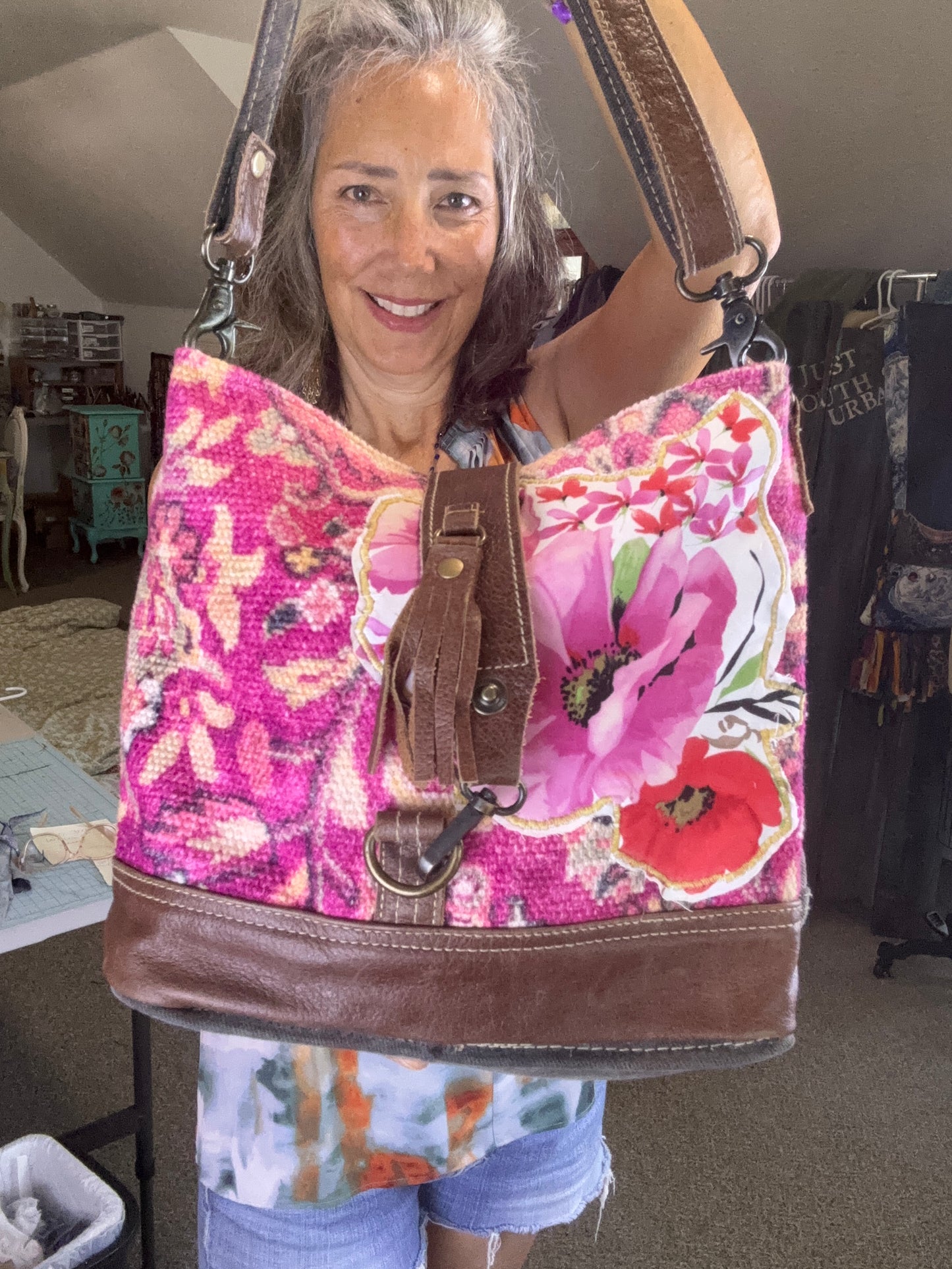 Up-cycled Maya Bag, Florals, Pink and Gray Denim, Cross Body Bag, Purse