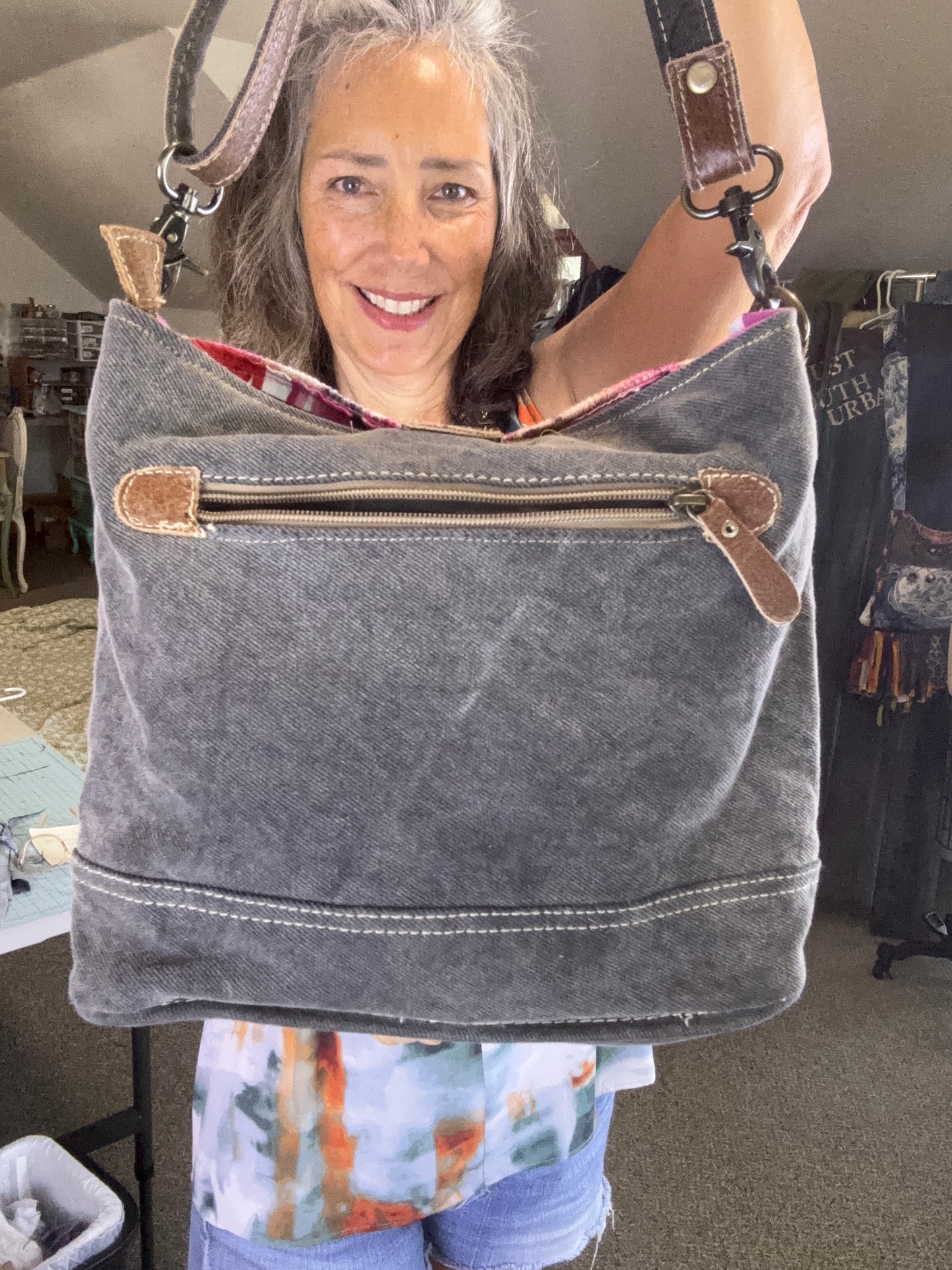 Up-cycled Maya Bag, Florals, Pink and Gray Denim, Cross Body Bag, Purse