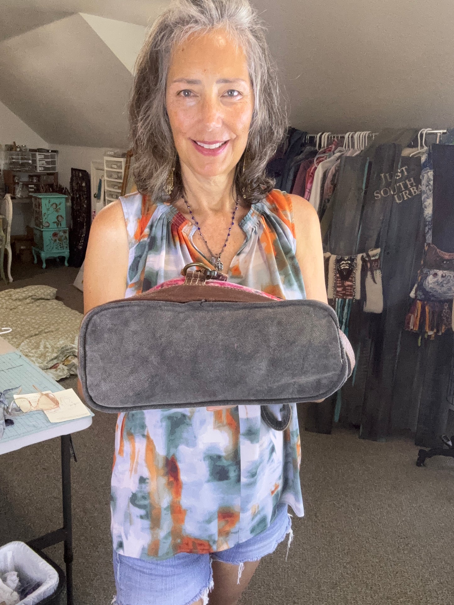 Up-cycled Maya Bag, Florals, Pink and Gray Denim, Cross Body Bag, Purse