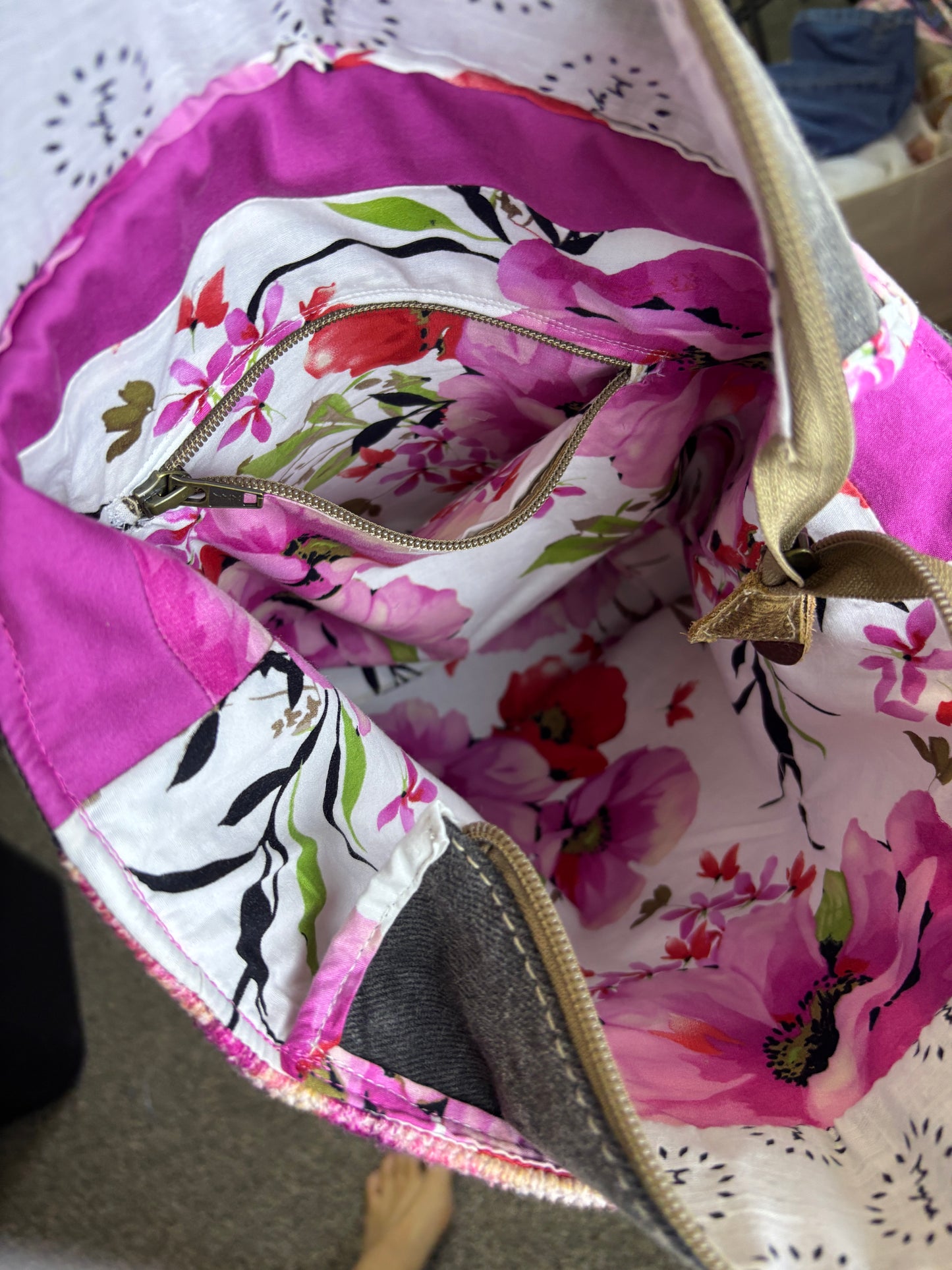 Up-cycled Maya Bag, Florals, Pink and Gray Denim, Cross Body Bag, Purse