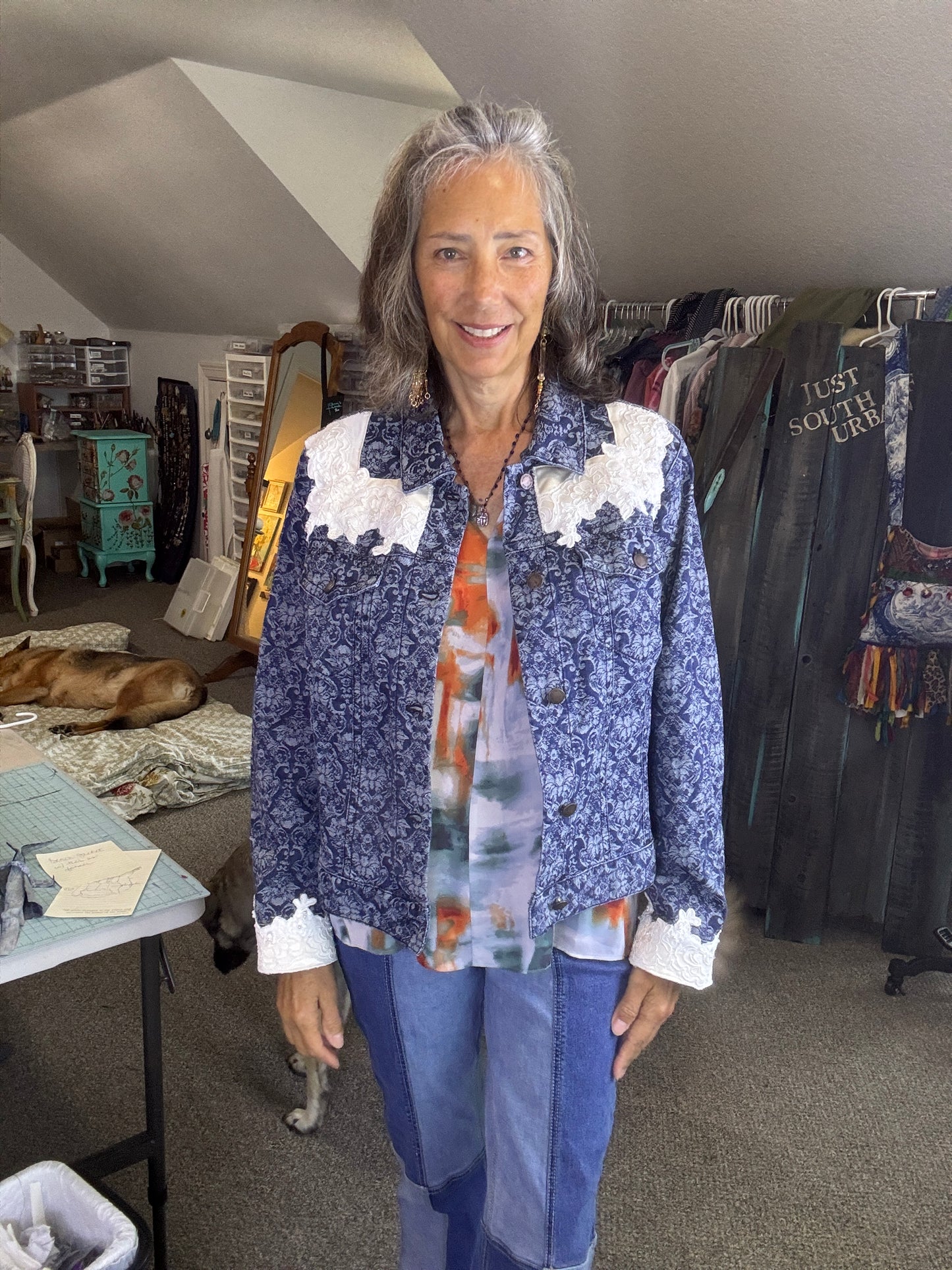 Up-cycled Jean Jacket Cold Water Creek Size 16, Bridal Dress Angel Wings, Fun Western, Casual Jacket
