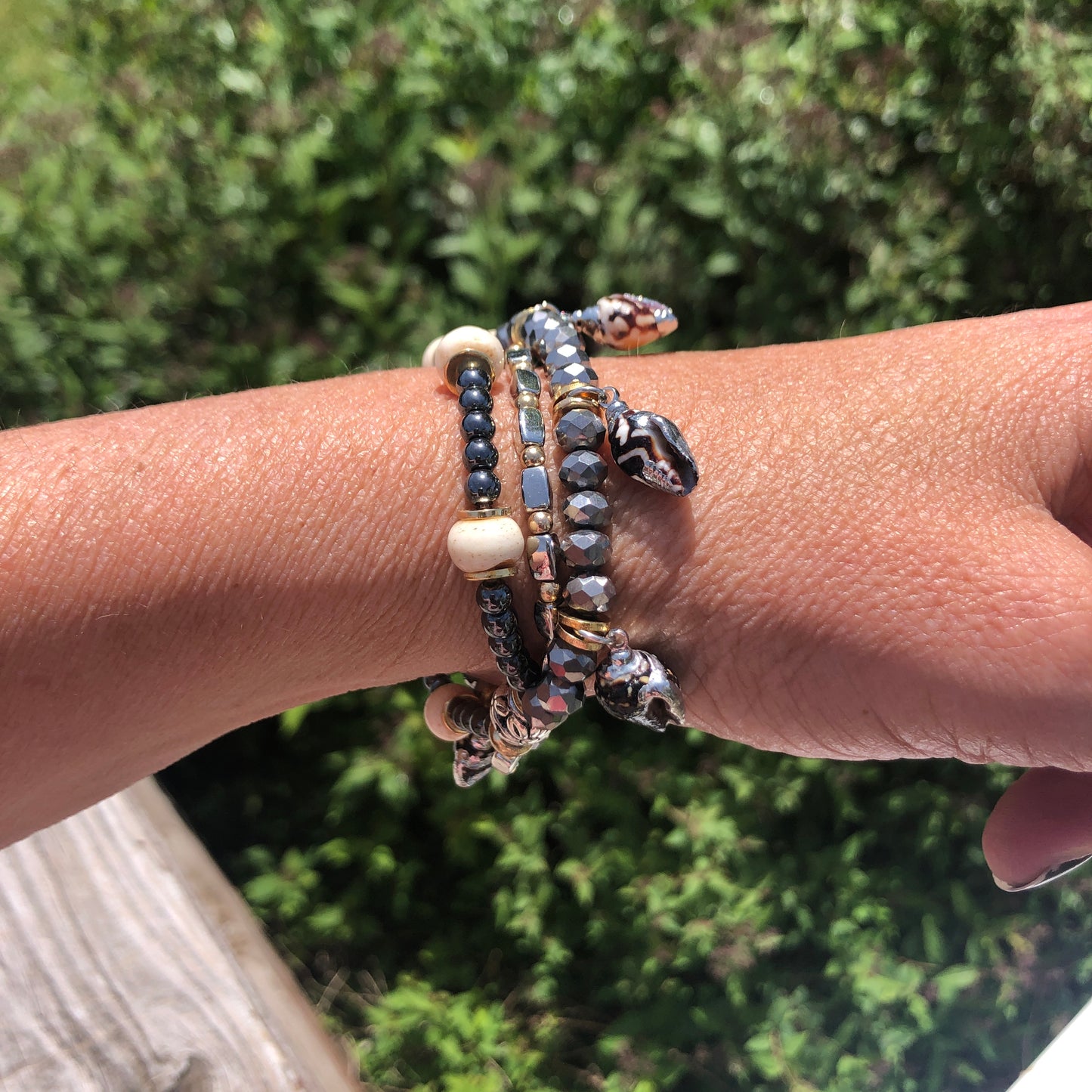 Metallic Beaded 3-Strand Stretch Bracelet, Black, White, Silver and Shells