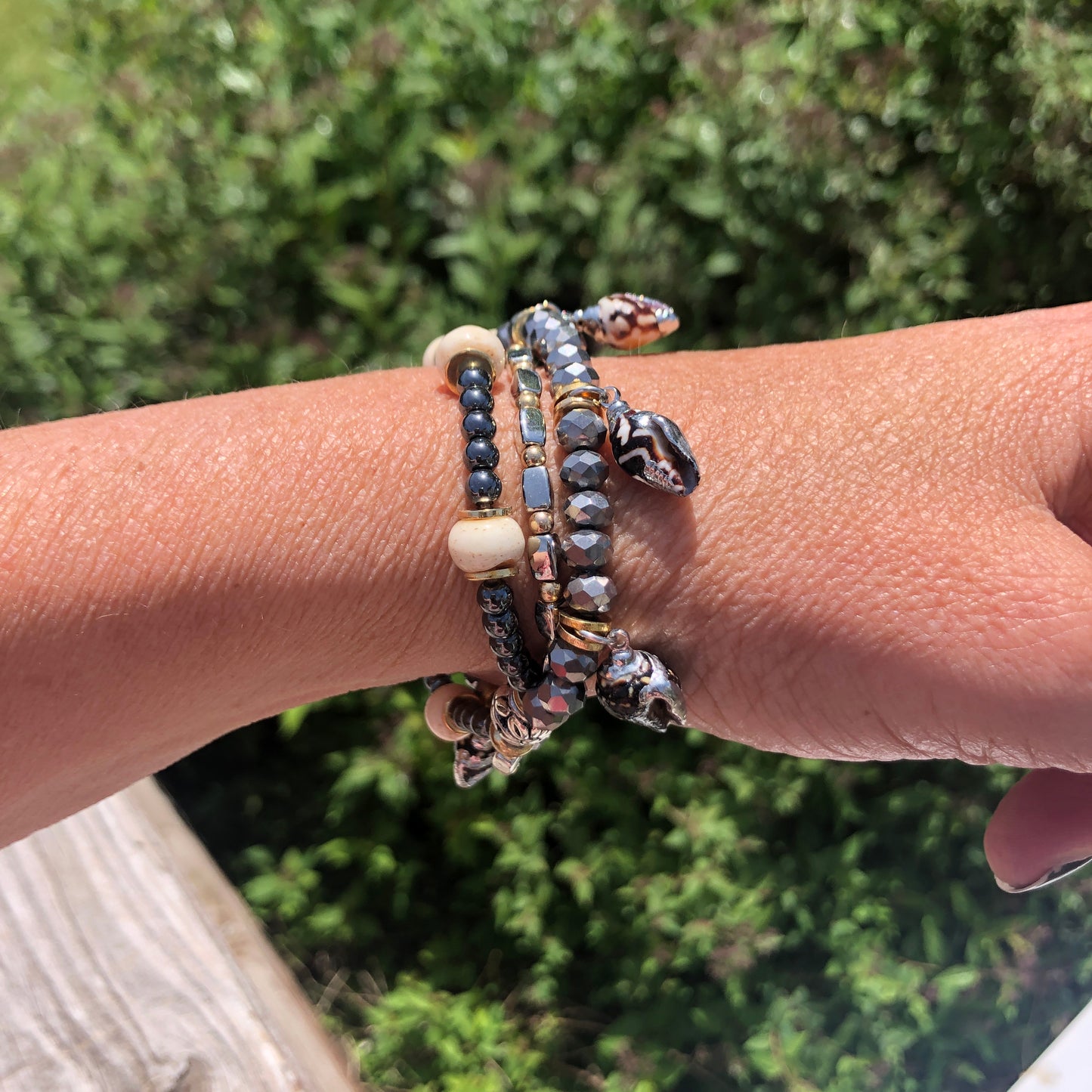 Metallic Beaded 3-Strand Stretch Bracelet, Black, White, Silver and Shells