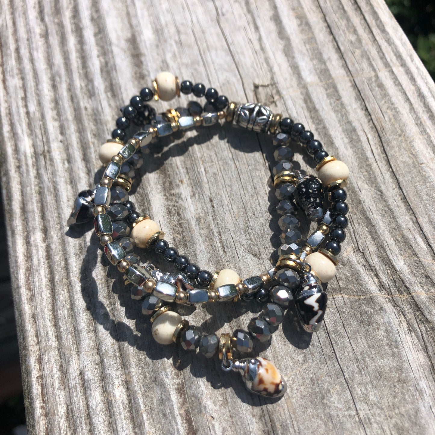 Metallic Beaded 3-Strand Stretch Bracelet, Black, White, Silver and Shells