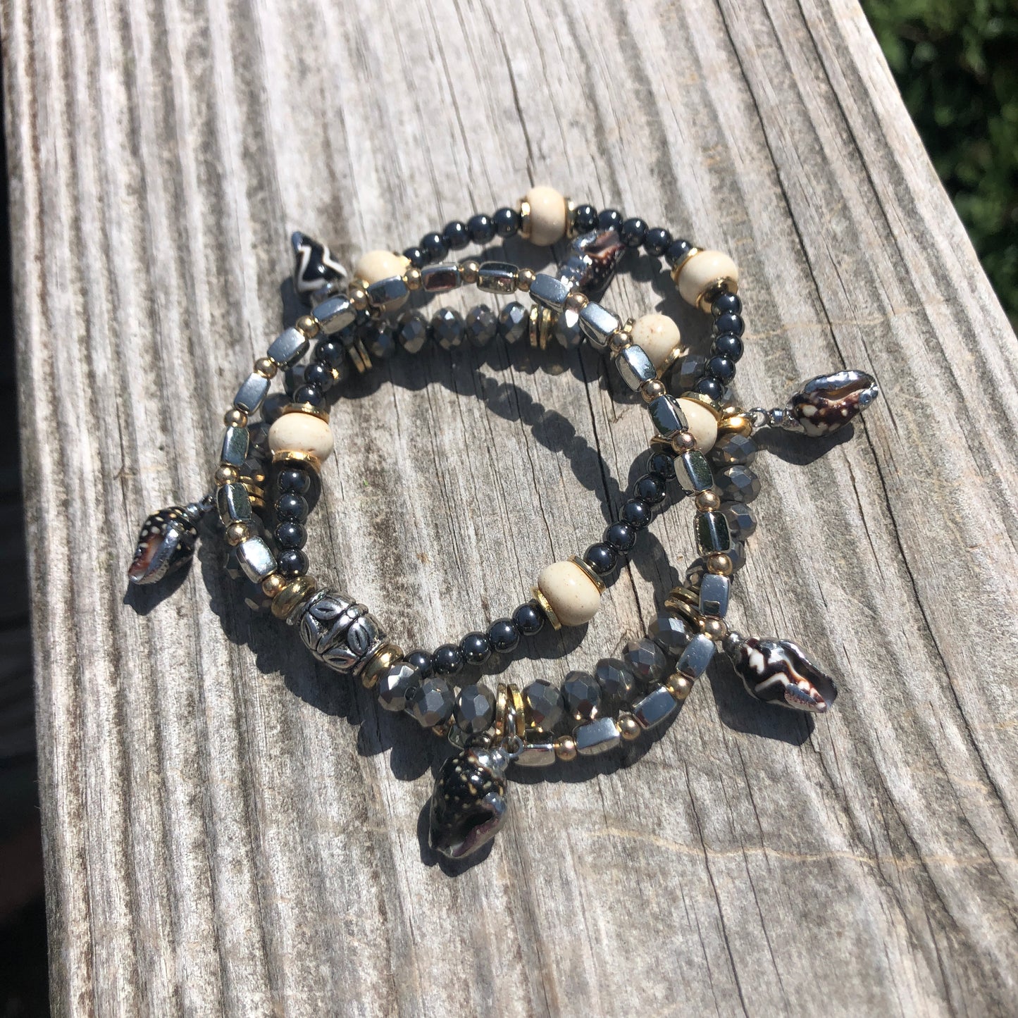 Metallic Beaded 3-Strand Stretch Bracelet, Black, White, Silver and Shells