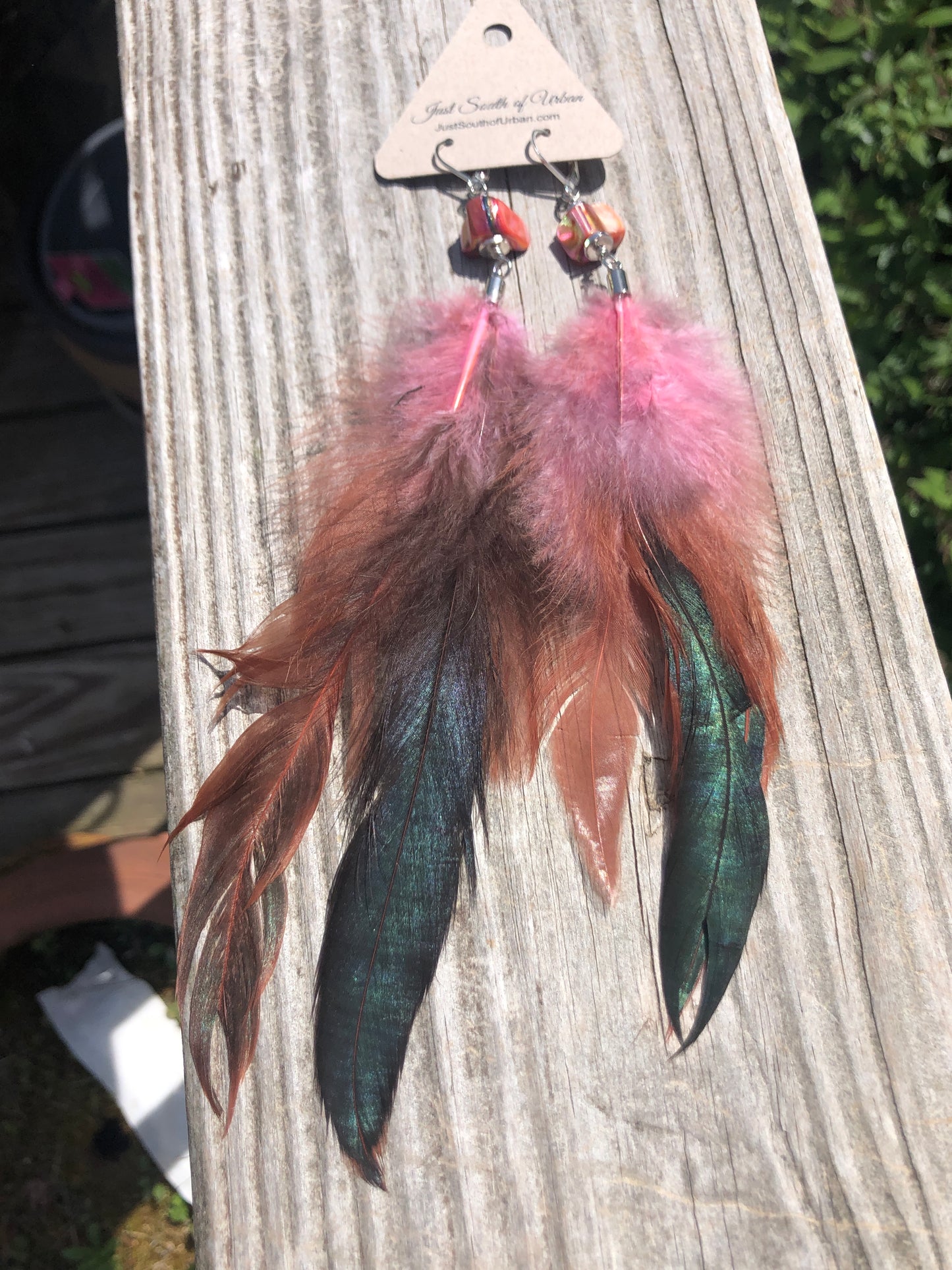 Feather Earrings, Pink and Iridescent, Pink Shell