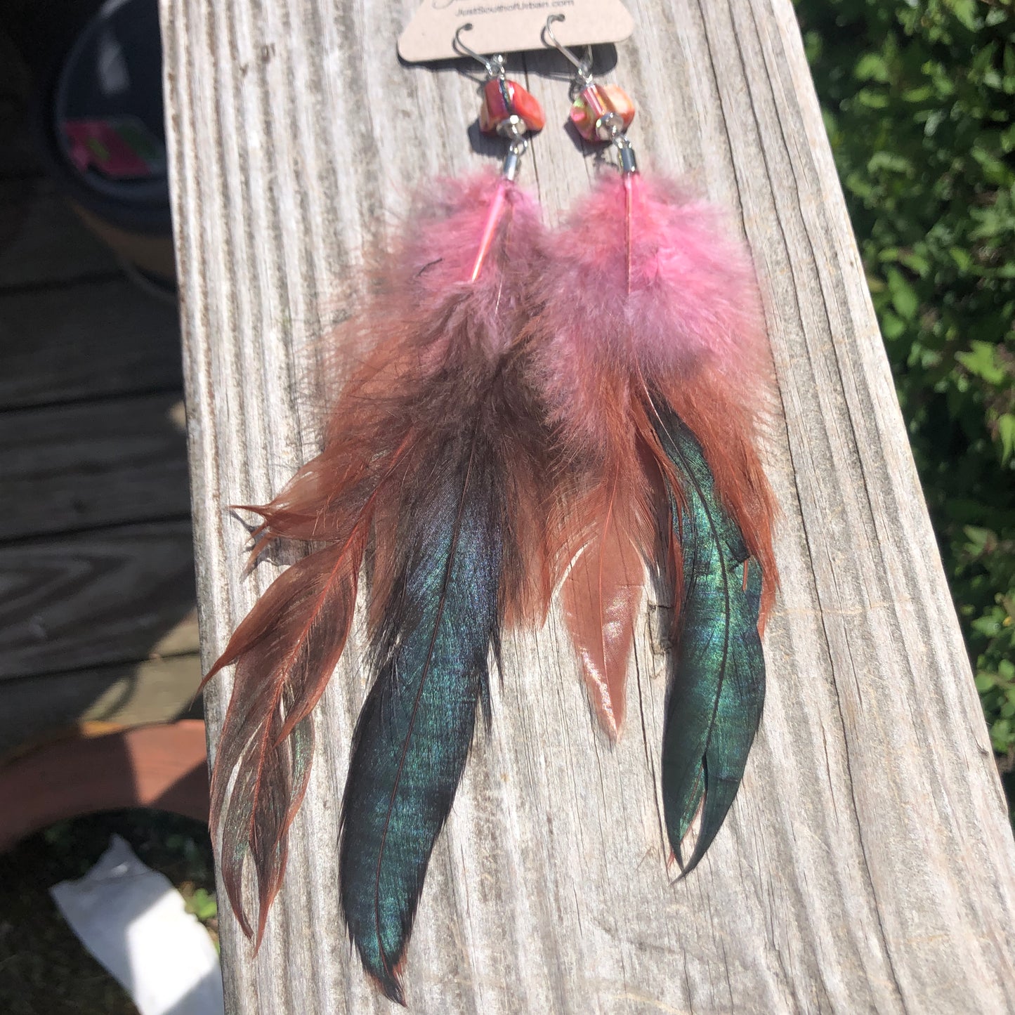 Feather Earrings, Pink and Iridescent, Pink Shell