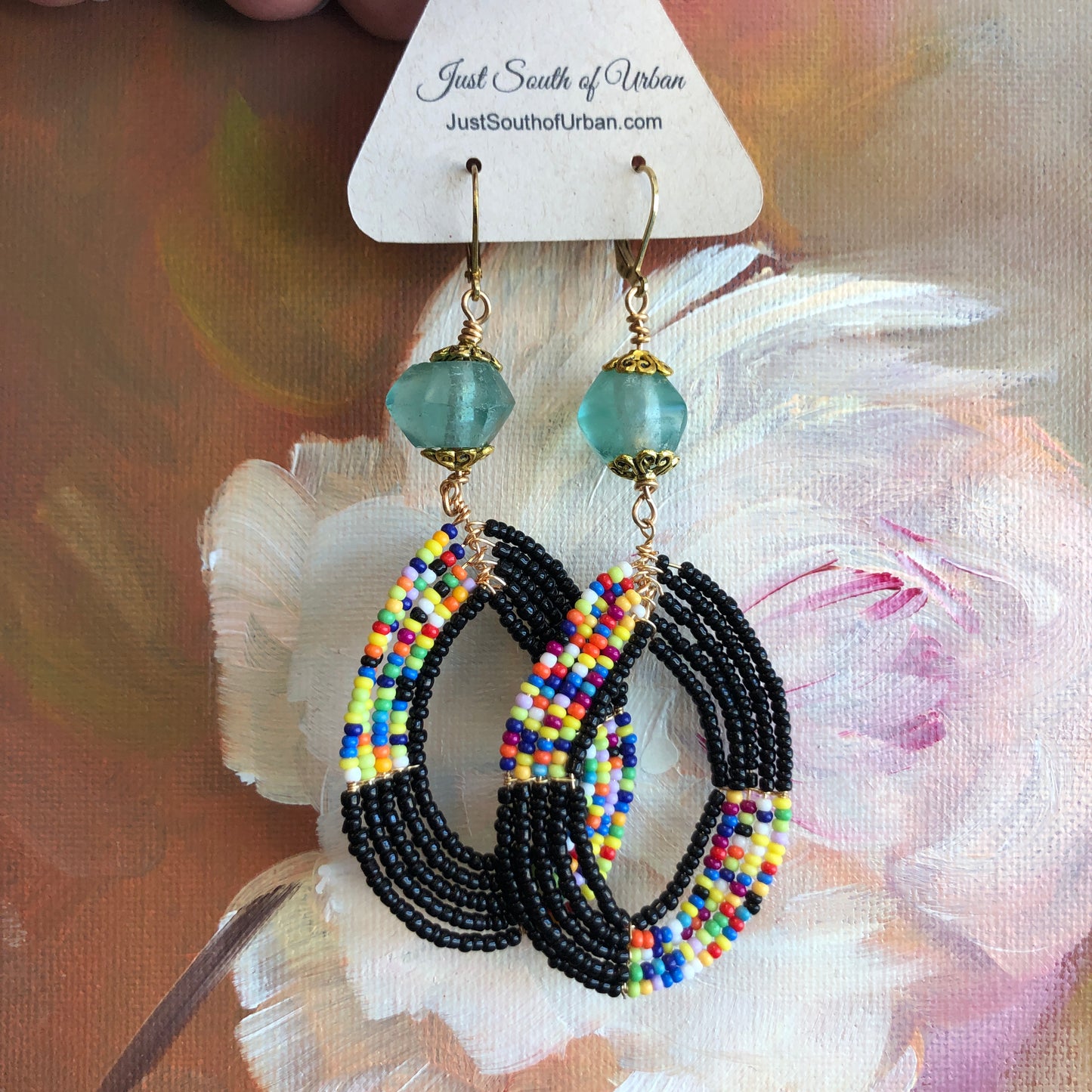 Boho Beaded Earrings, Black and Multi