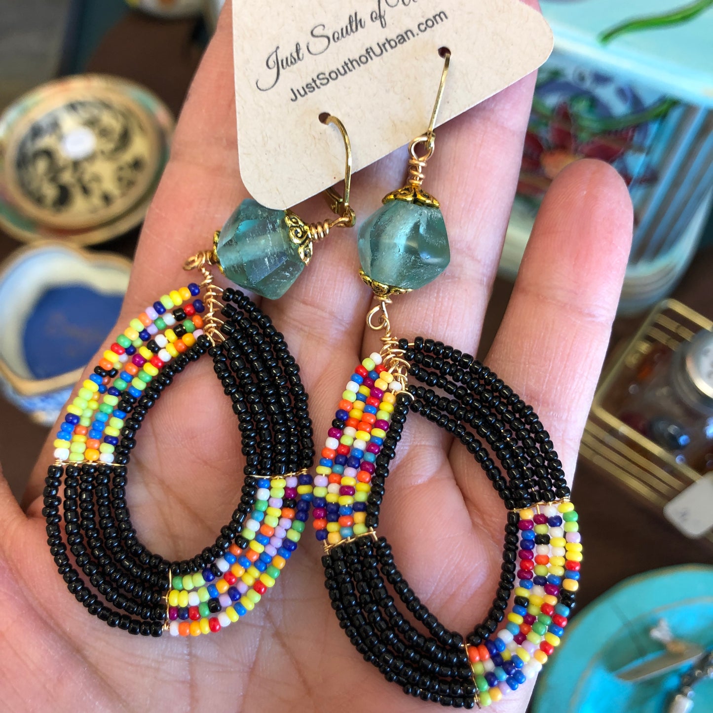 Boho Beaded Earrings, Black and Multi